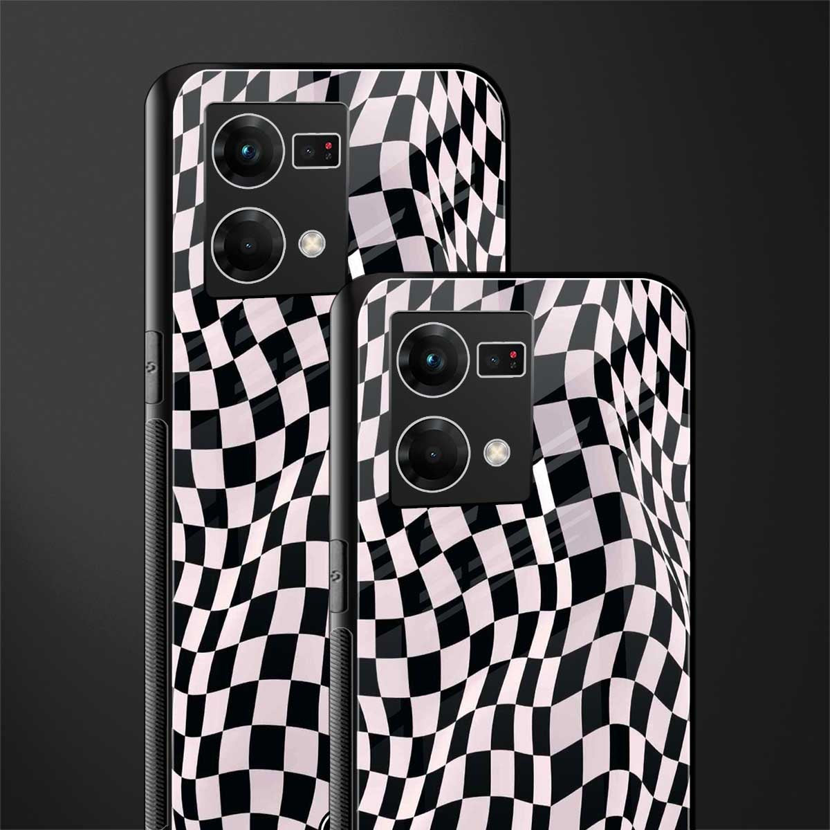 trippy b&w check pattern back phone cover | glass case for oppo f21 pro 4g