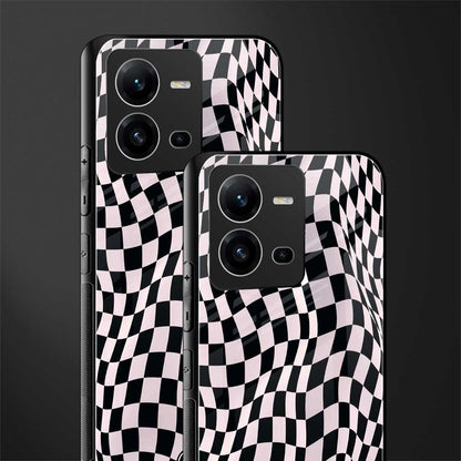 trippy b&w check pattern back phone cover | glass case for vivo v25-5g