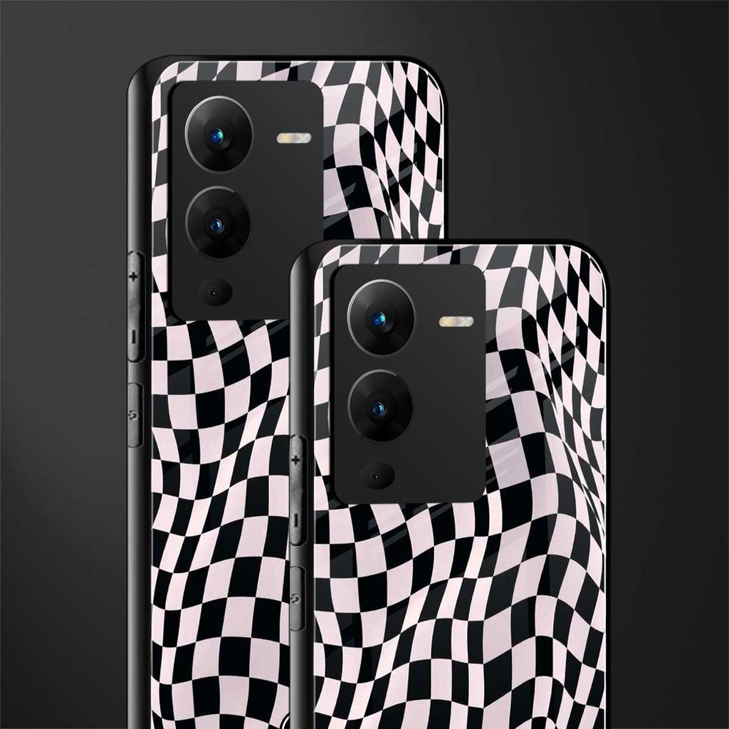 trippy b&w check pattern back phone cover | glass case for vivo v25 pro 5g