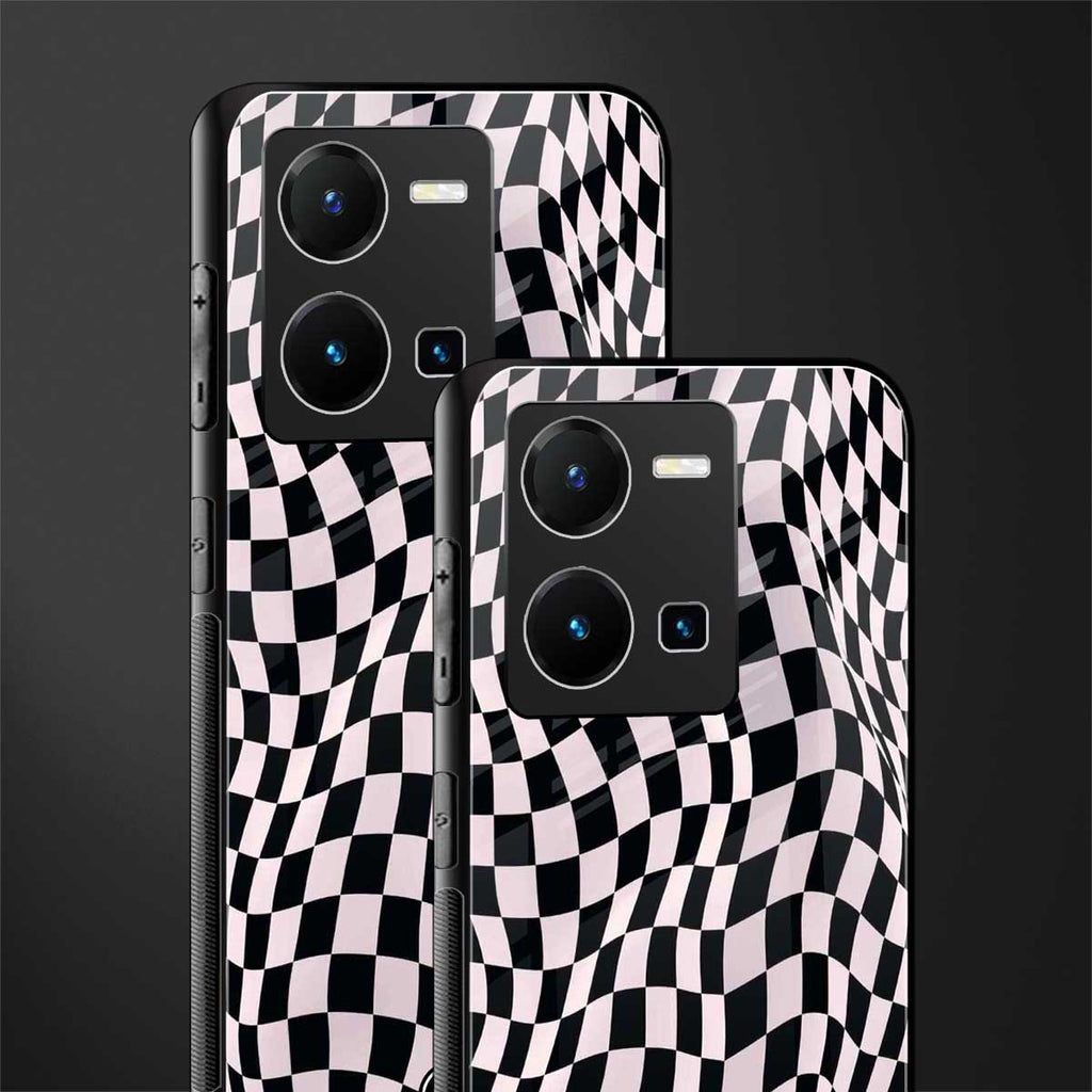 trippy b&w check pattern back phone cover | glass case for vivo y35 4g