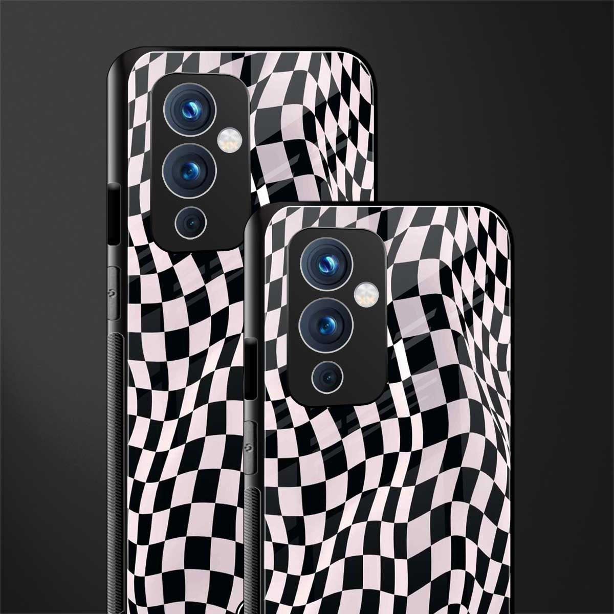 trippy b&w check pattern back phone cover | glass case for oneplus 9