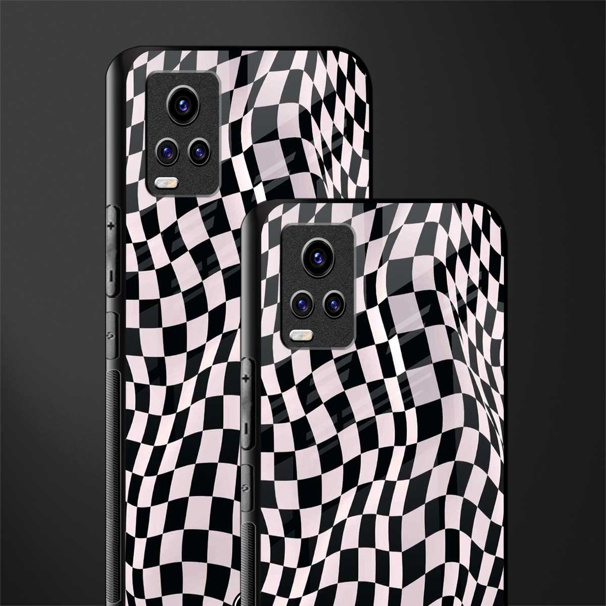 trippy b&w check pattern back phone cover | glass case for vivo v21e 4g