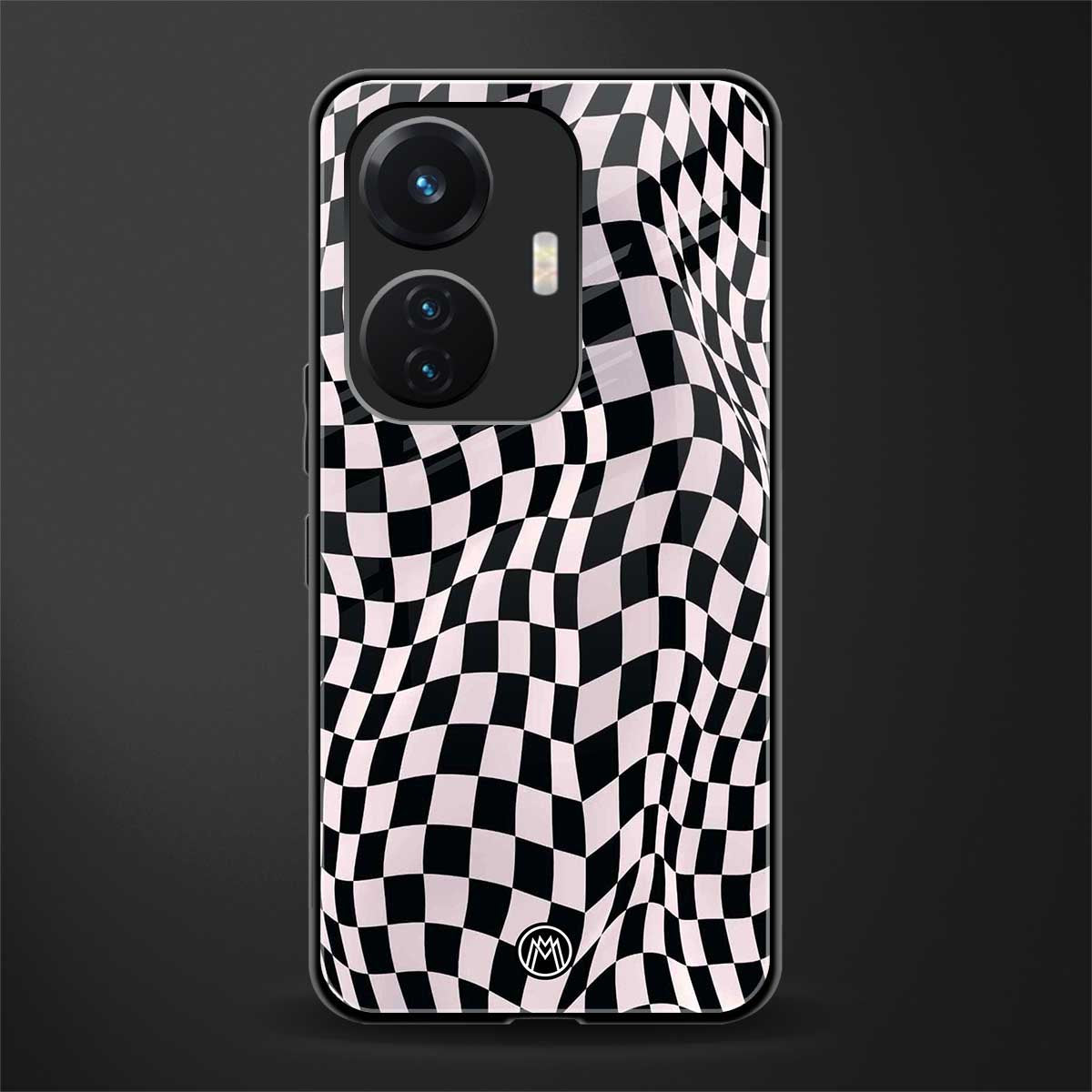trippy b&w check pattern back phone cover | glass case for vivo t1 44w 4g