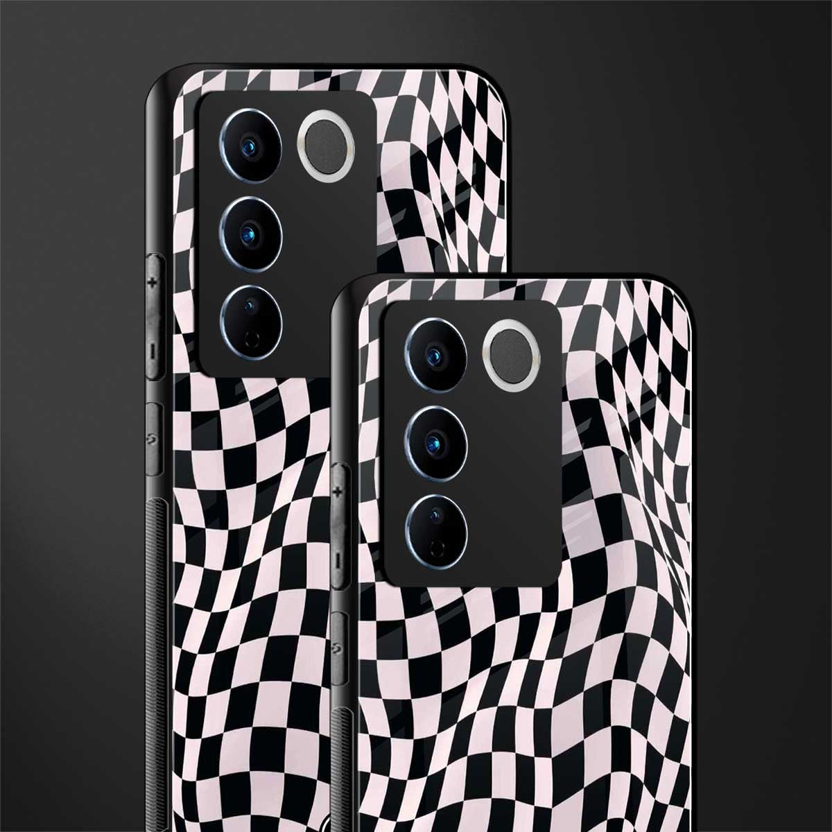 trippy b&w check pattern back phone cover | glass case for vivo v27 pro 5g
