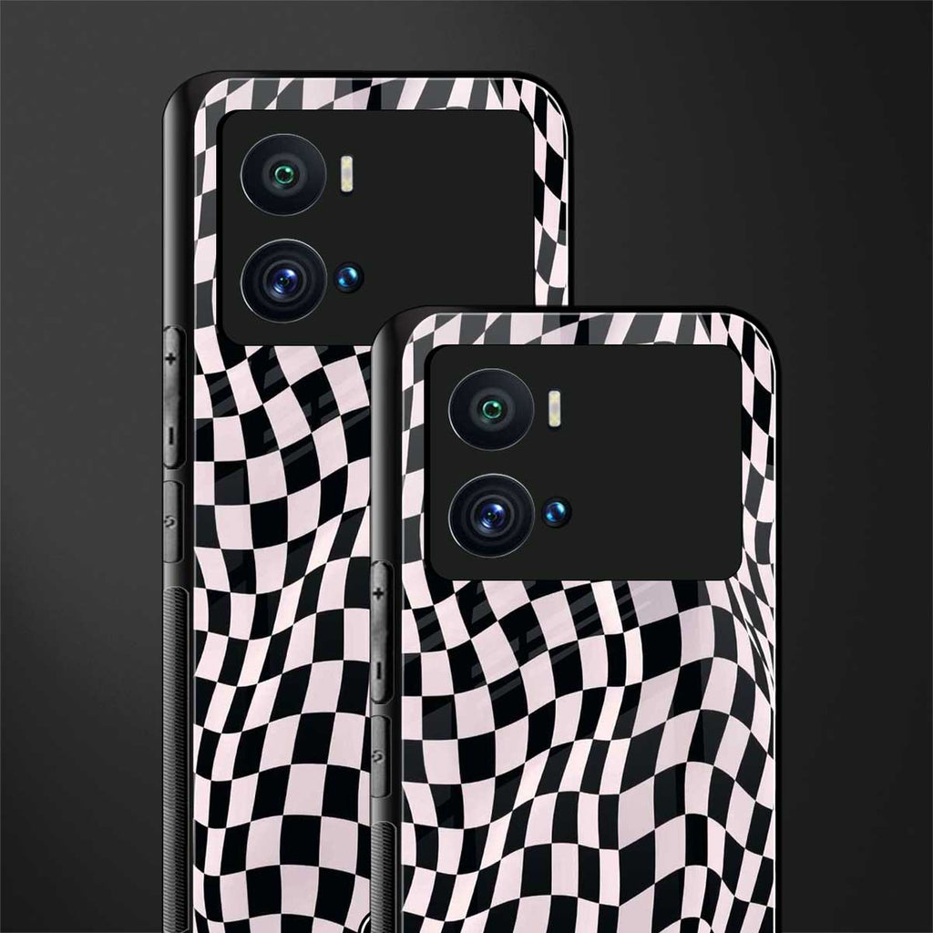trippy b&w check pattern back phone cover | glass case for iQOO 9 Pro