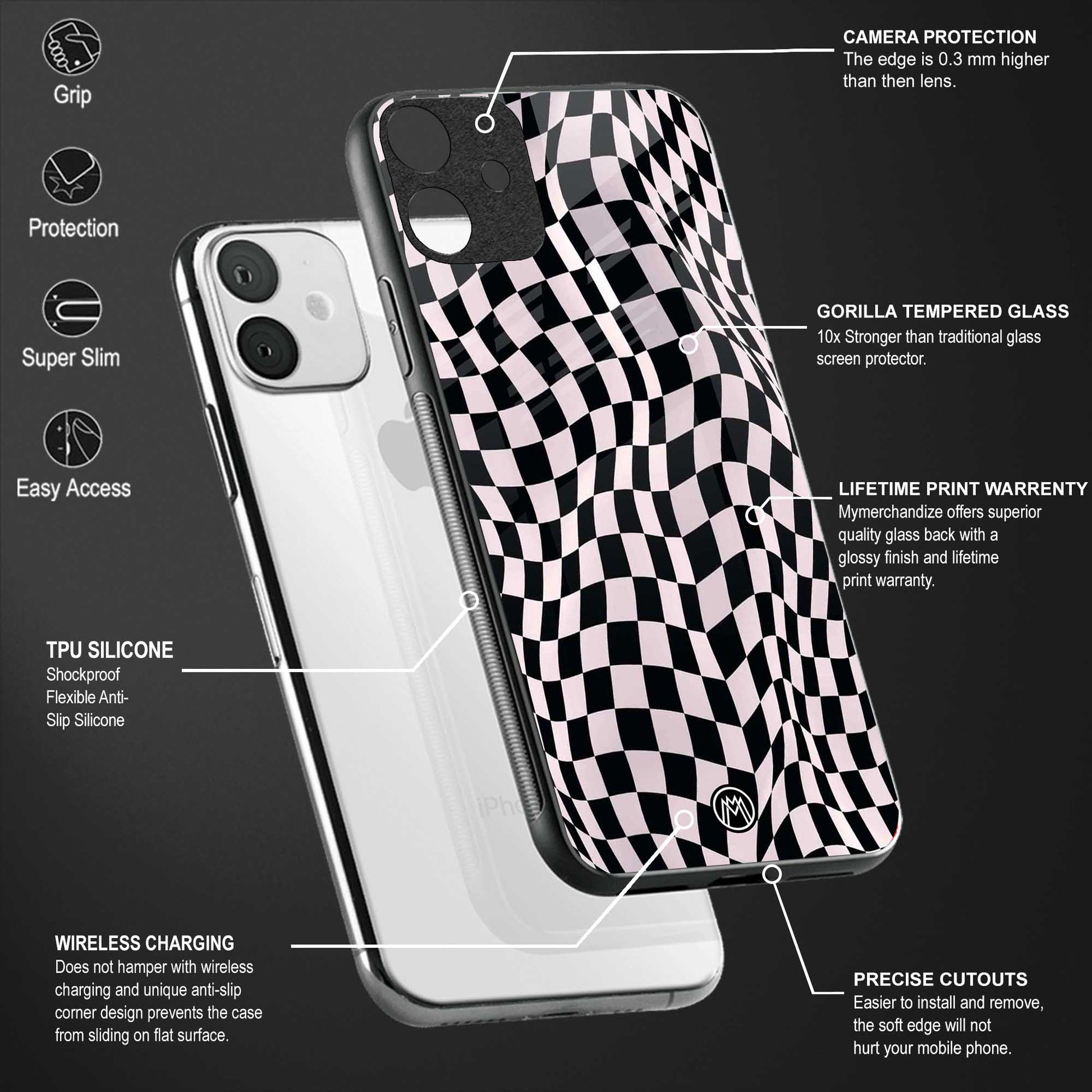 trippy b&w check pattern back phone cover | glass case for samsung galaxy a54 5g