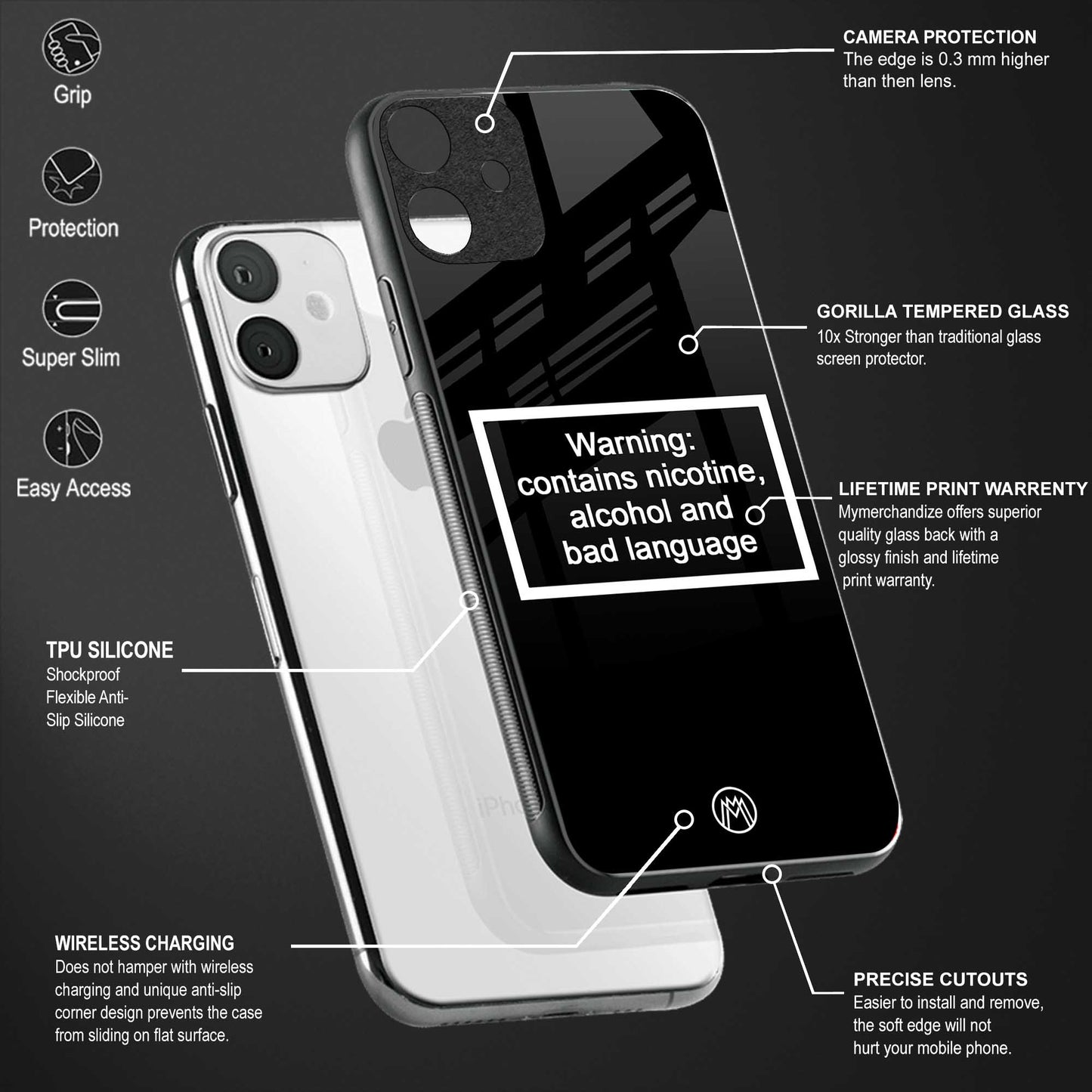 warning sign black edition back phone cover | glass case for vivo v25-5g