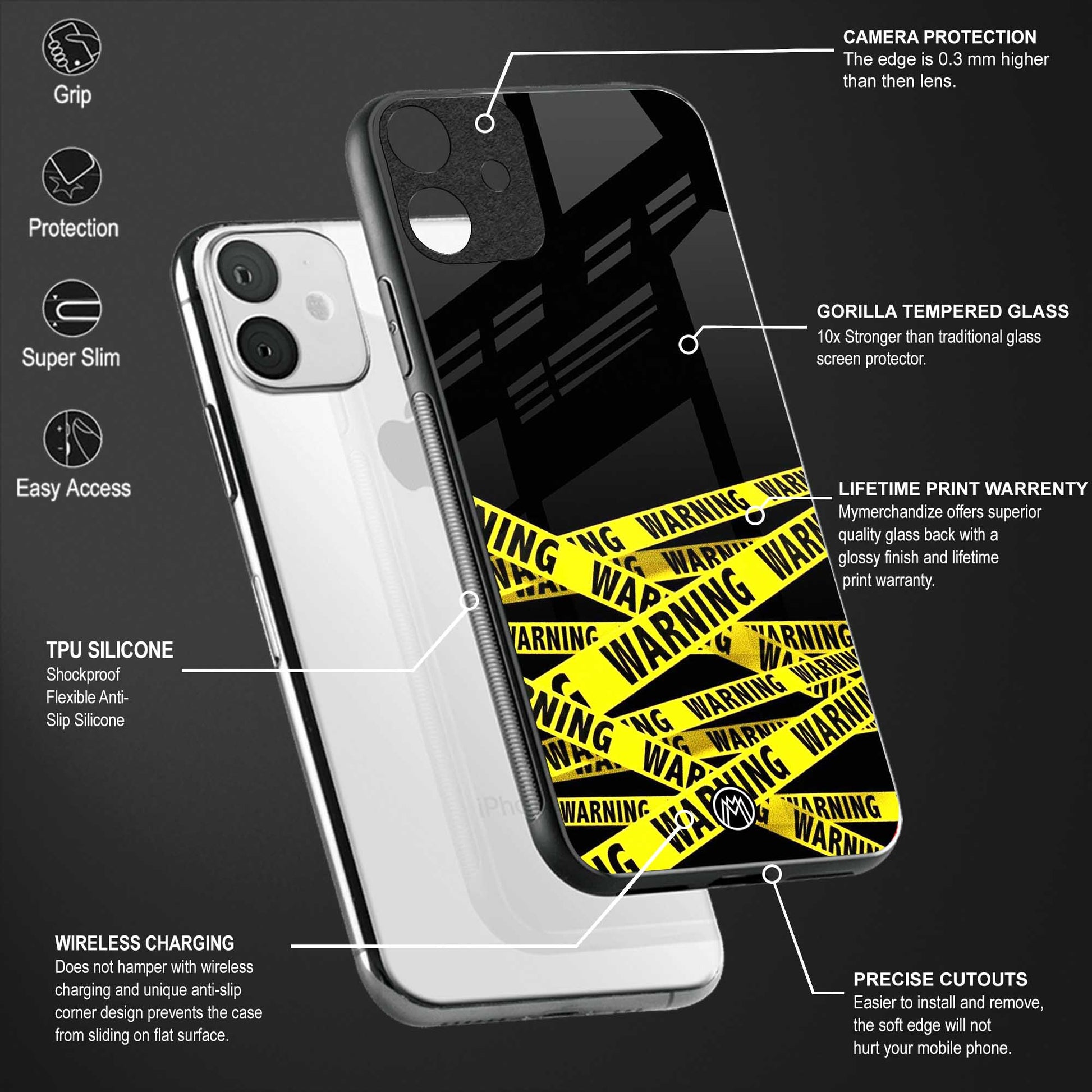 warning tape back phone cover | glass case for vivo v25-5g