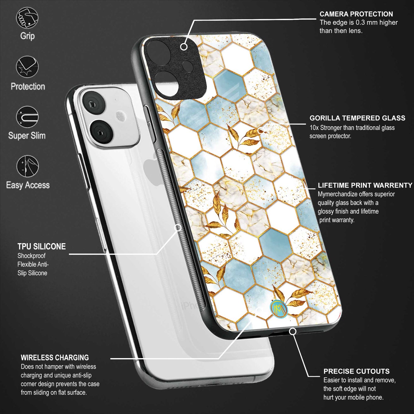 white marble tiles back phone cover | glass case for vivo v25-5g