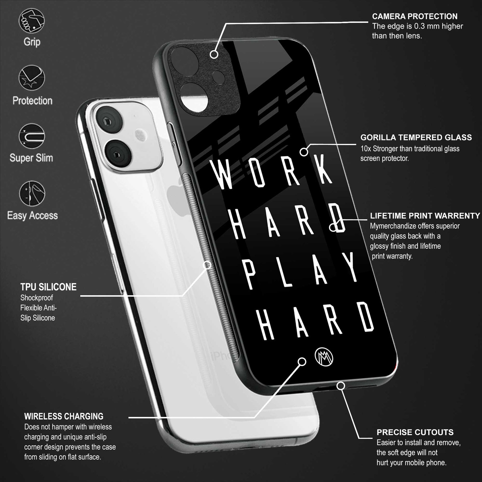 work hard play hard back phone cover | glass case for realme 11 pro 5g