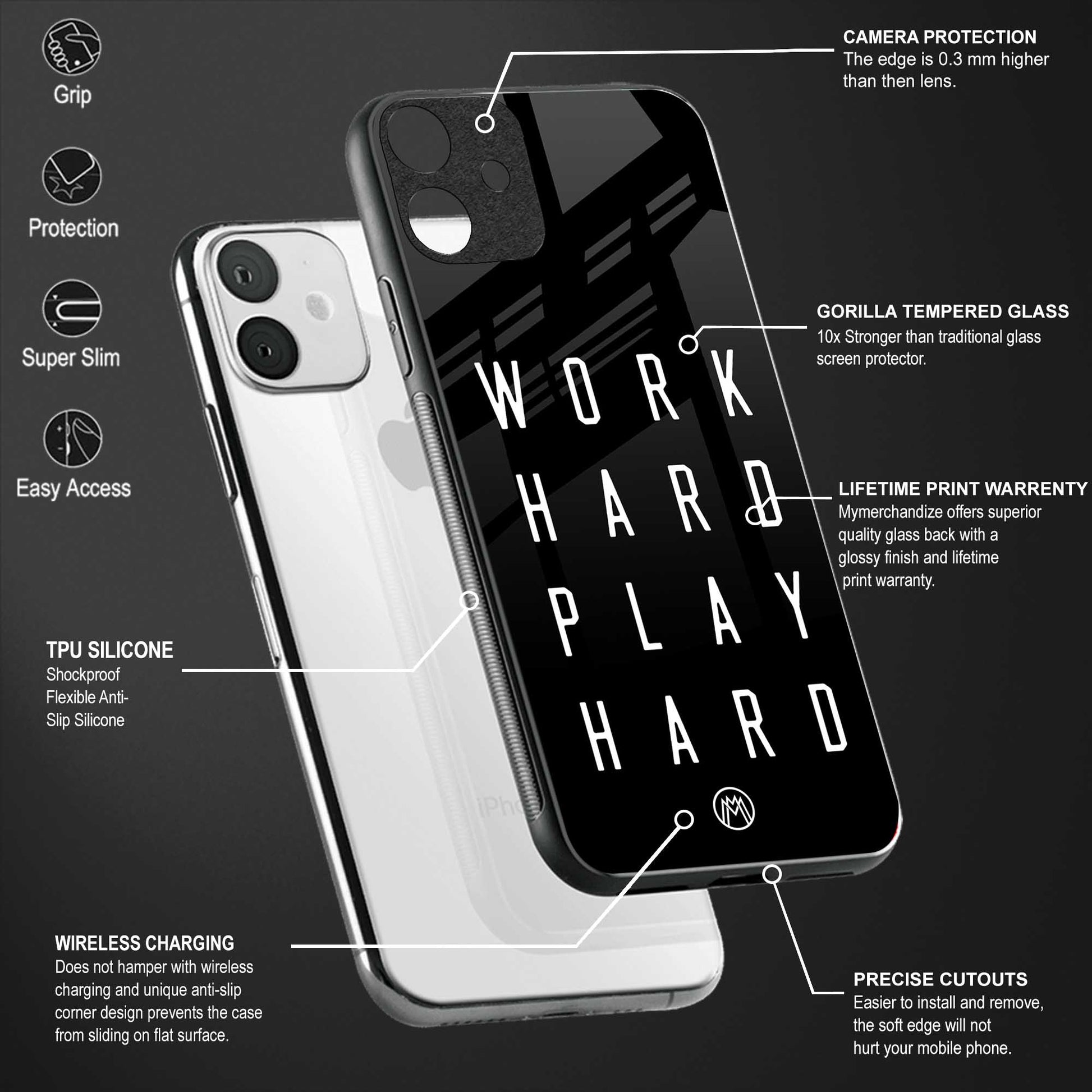 work hard play hard back phone cover | glass case for vivo y22