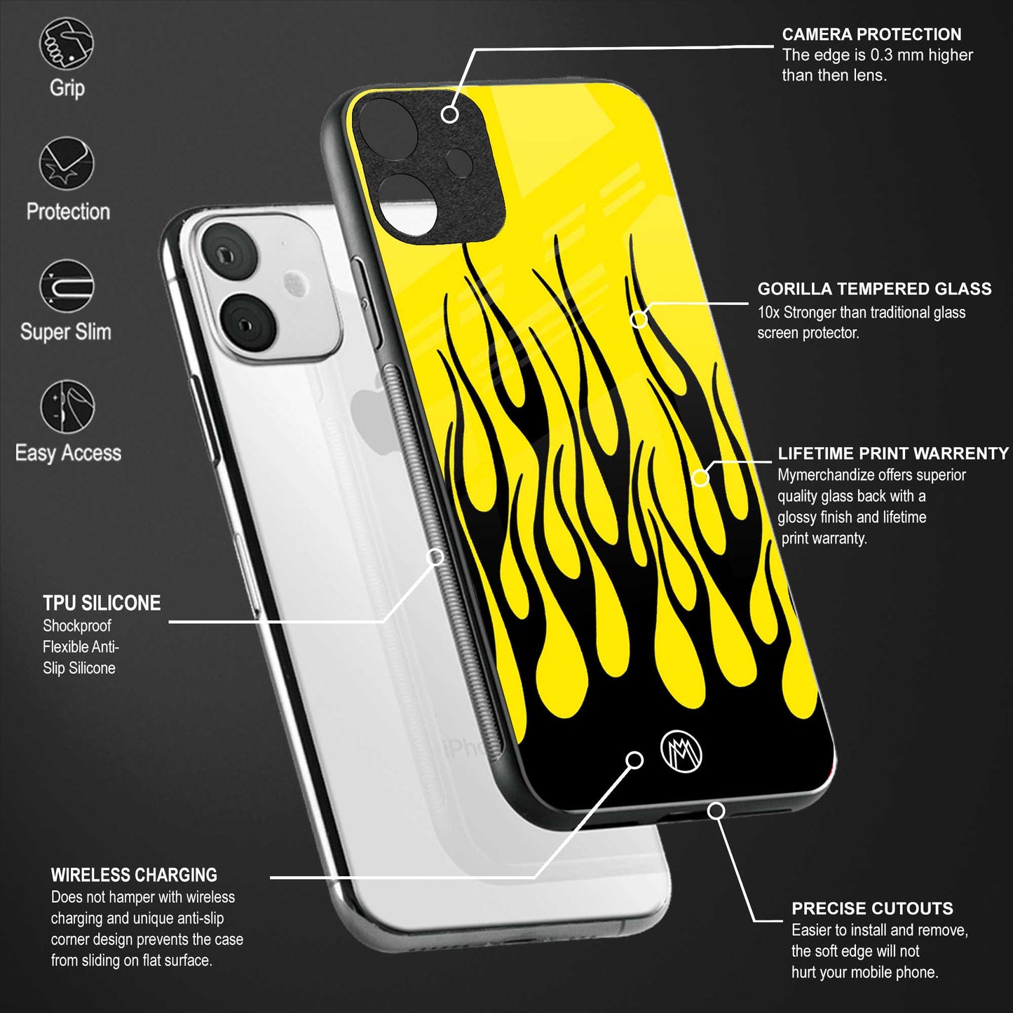 y2k black flames back phone cover | glass case for oppo a74 4g