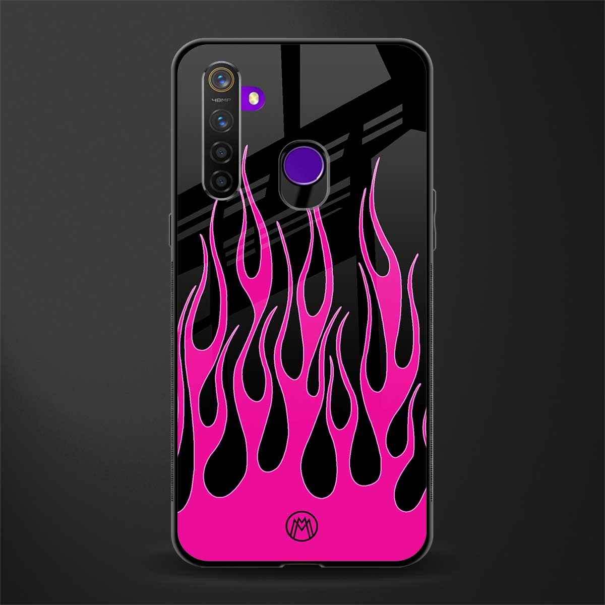 y2k black pink flames glass case for realme 5 image