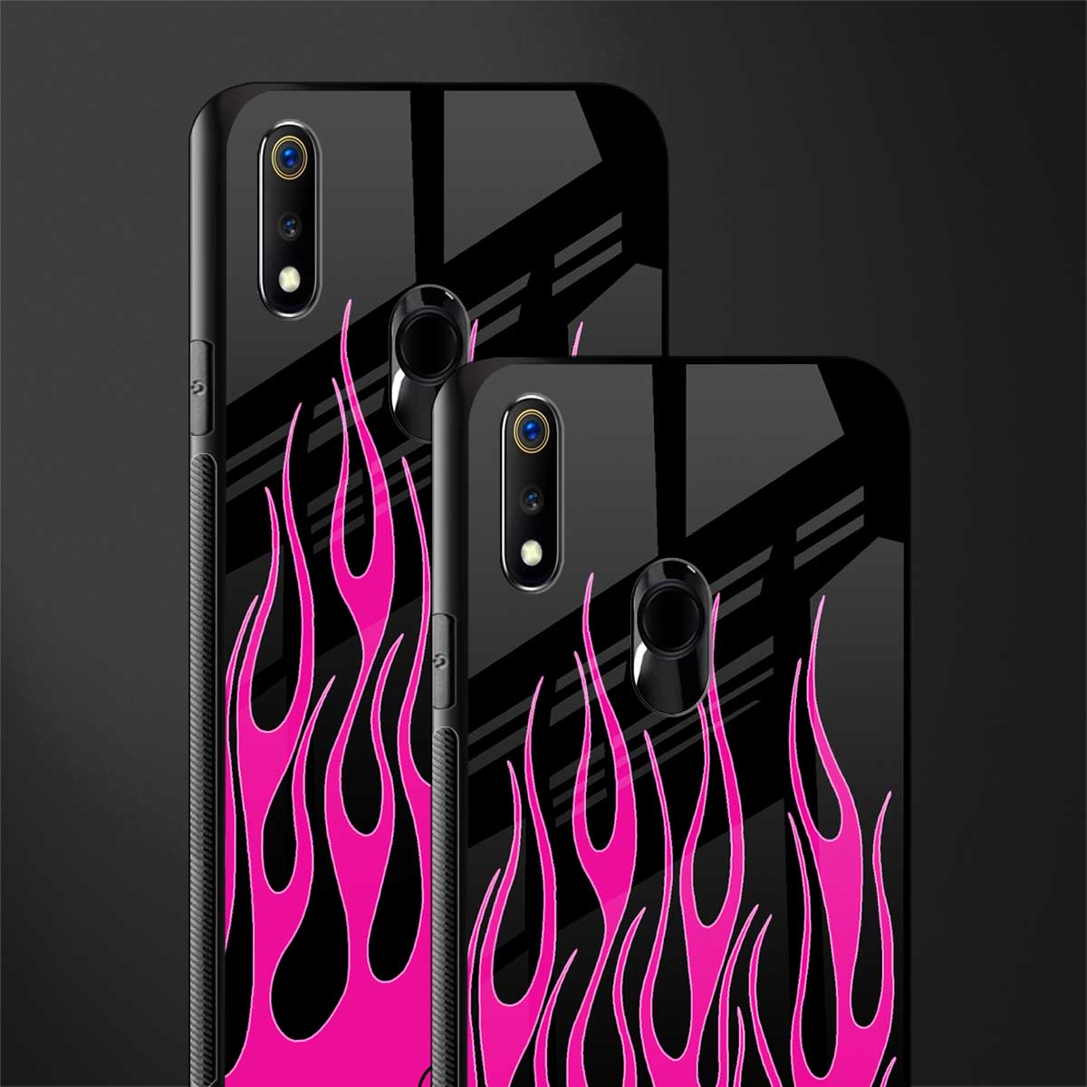 y2k black pink flames glass case for realme 3 pro image-2