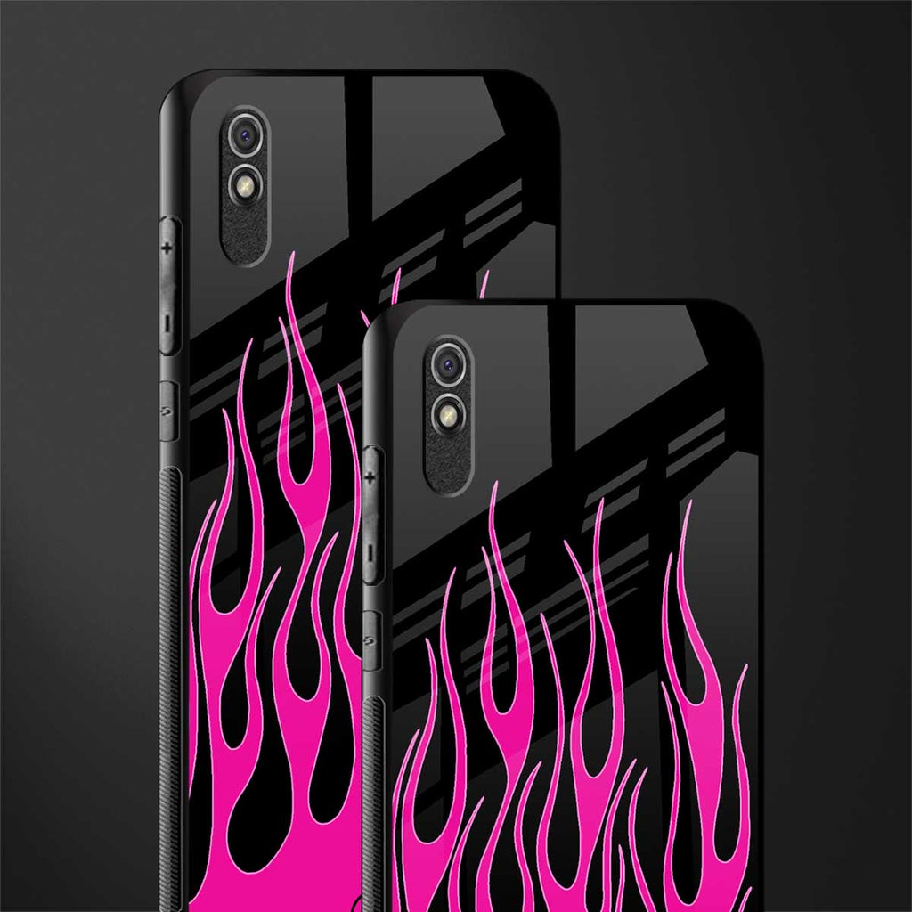 y2k black pink flames glass case for redmi 9a image-2