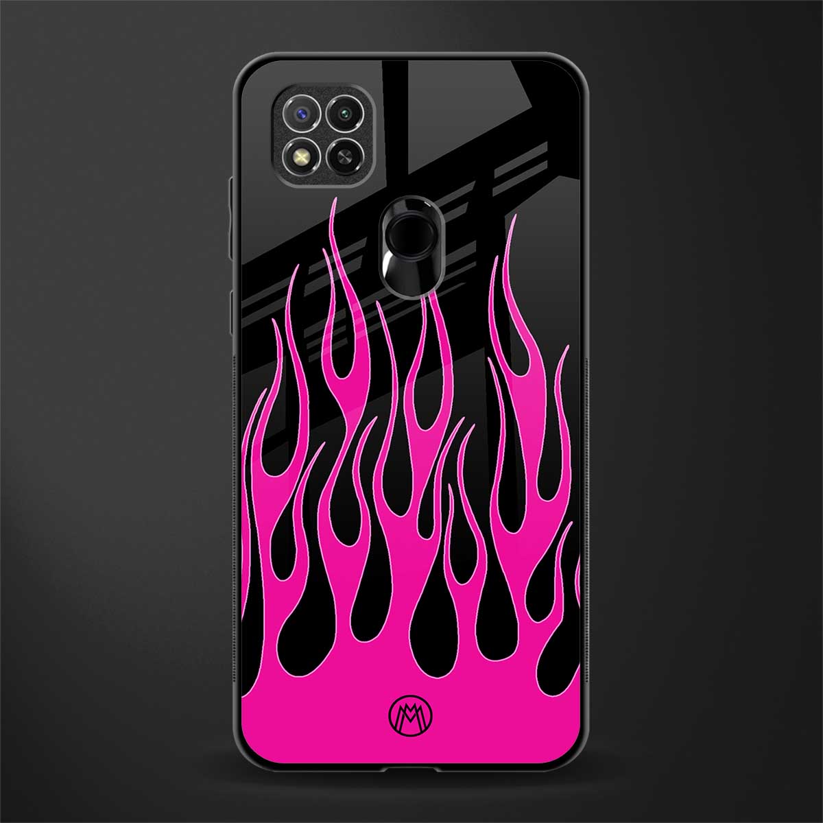 y2k black pink flames glass case for redmi 9 image