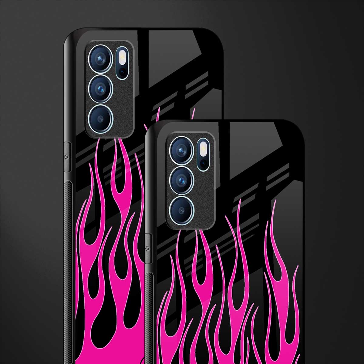 y2k black pink flames glass case for oppo reno6 pro 5g image-2