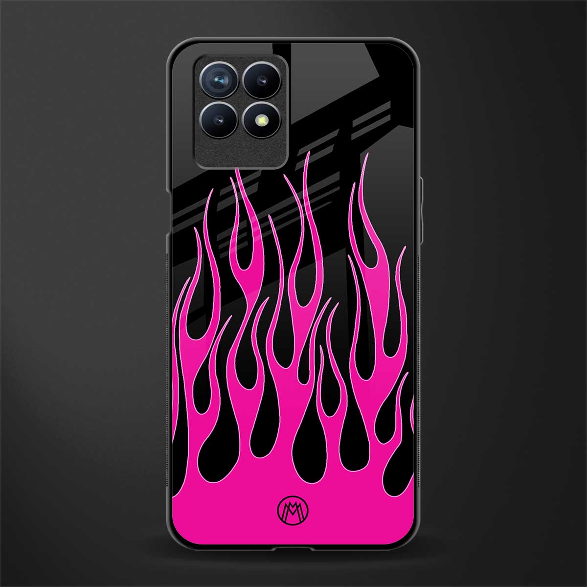 y2k black pink flames glass case for realme 8i image