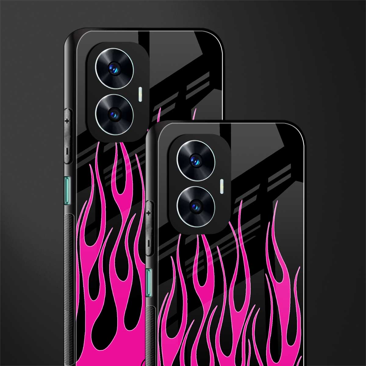 y2k black pink flames back phone cover | glass case for realme c55