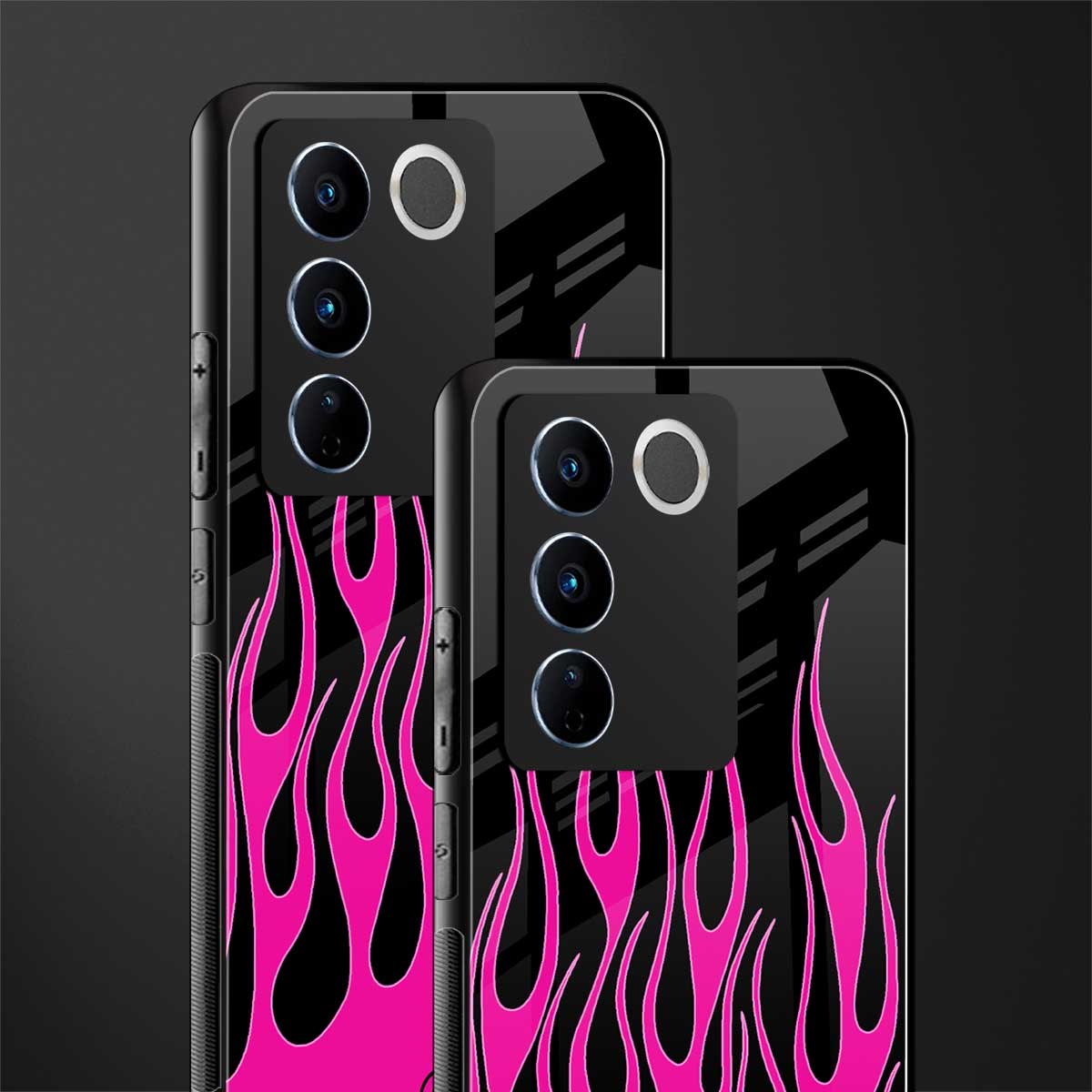 y2k black pink flames back phone cover | glass case for vivo v27 pro 5g