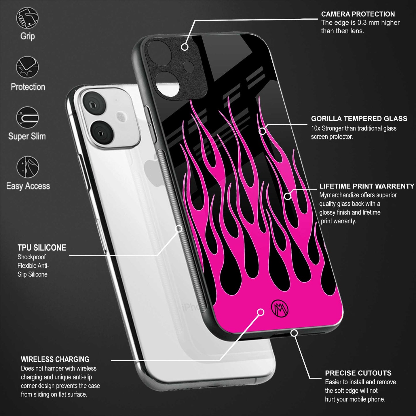 y2k black pink flames back phone cover | glass case for vivo y22