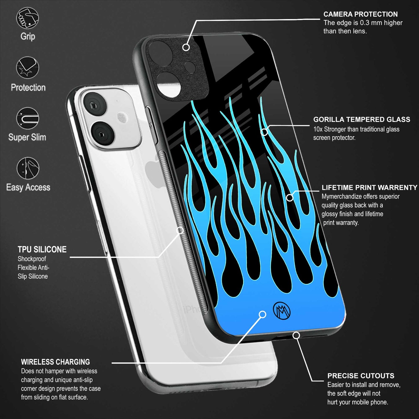 y2k blue flames back phone cover | glass case for realme c55