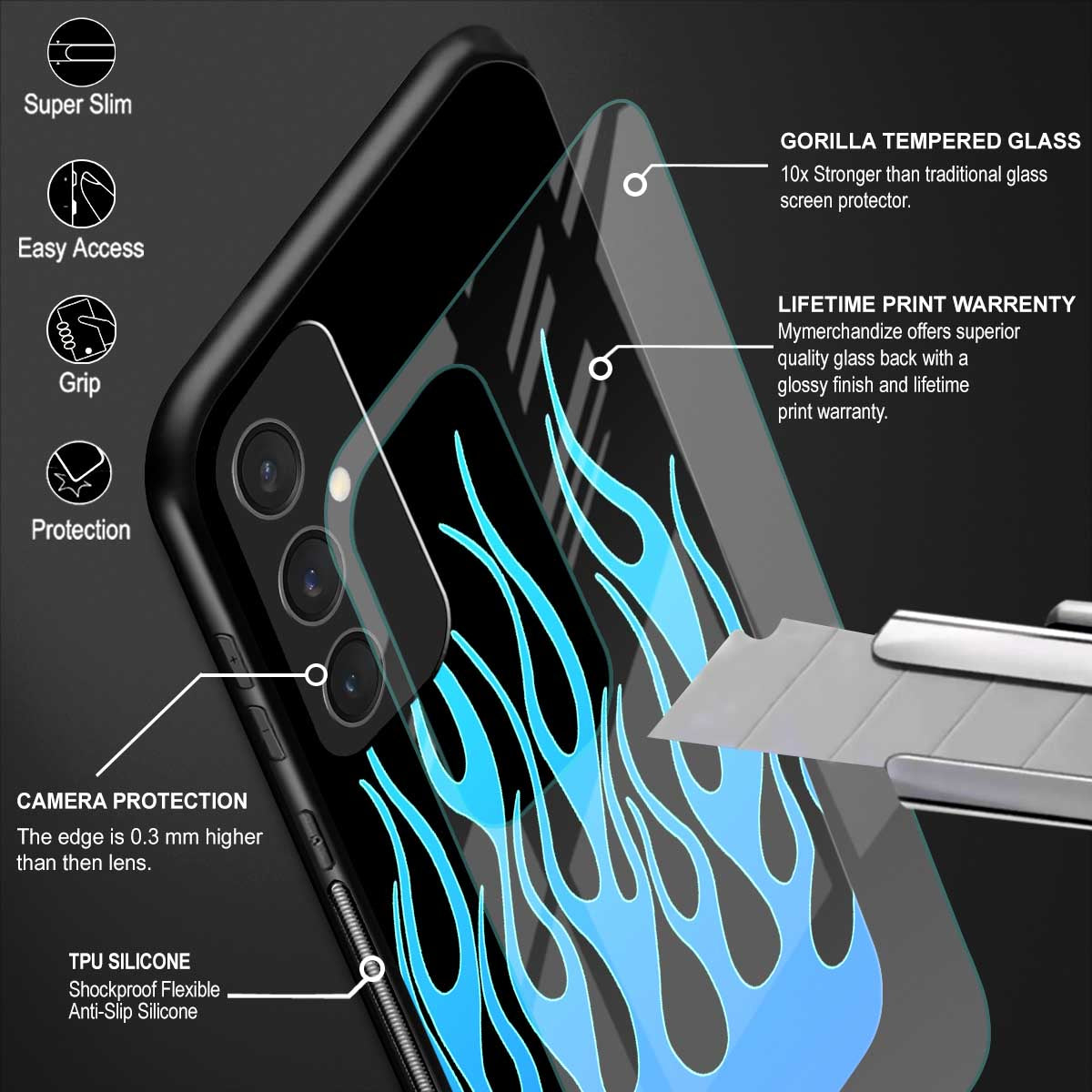 y2k blue flames back phone cover | glass case for samsung galaxy s23 fe 5g
