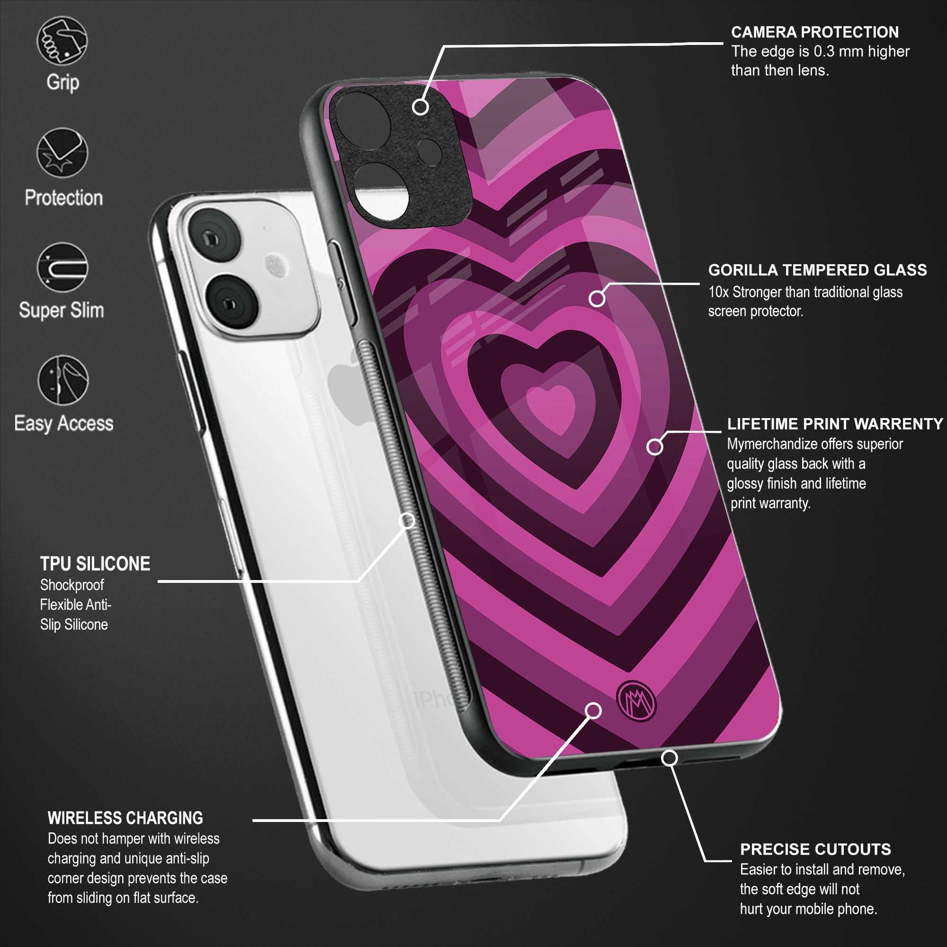 y2k burgundy hearts aesthetic glass case for vivo z1 pro image-4