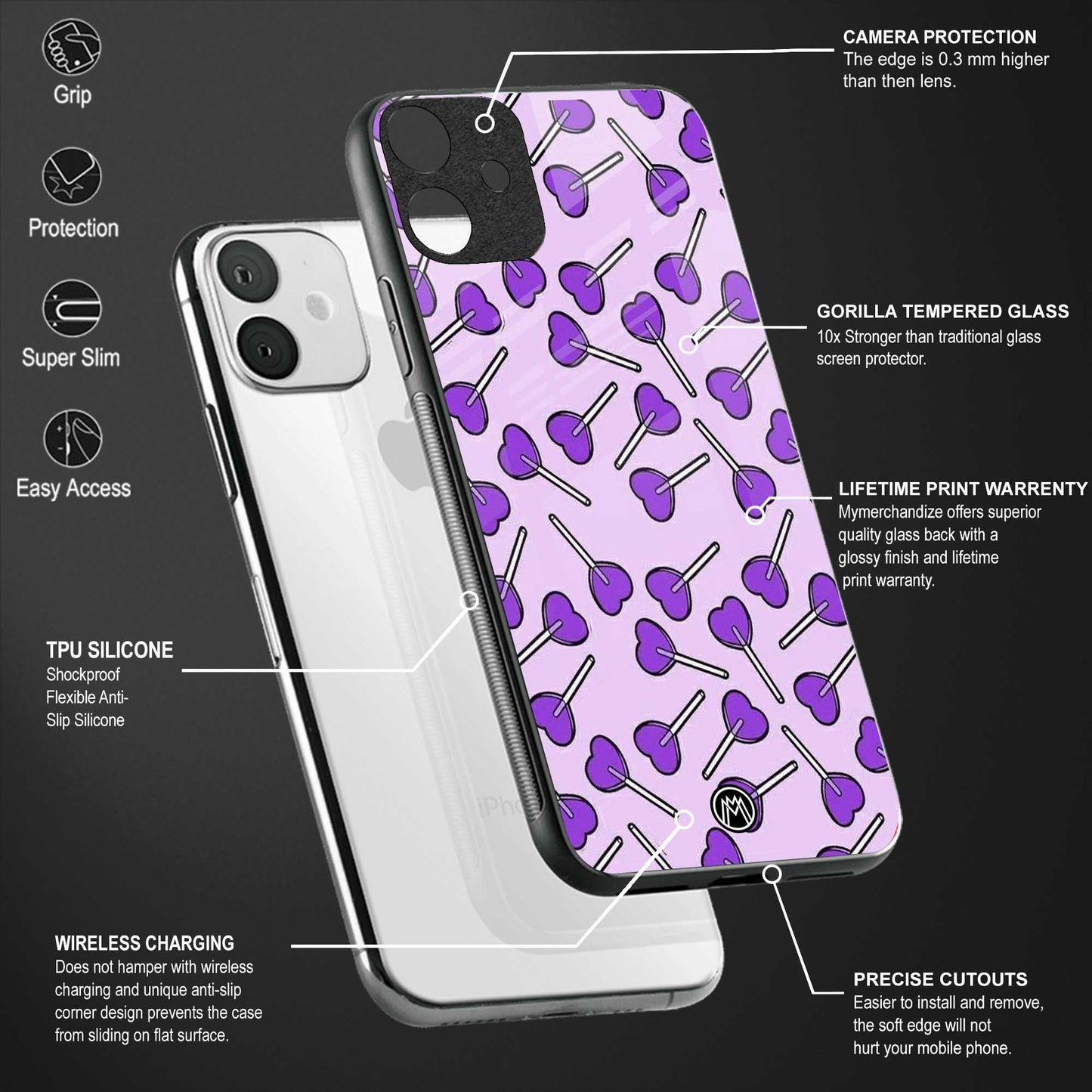 y2k hearts lollipop purple edition back phone cover | glass case for vivo v25-5g