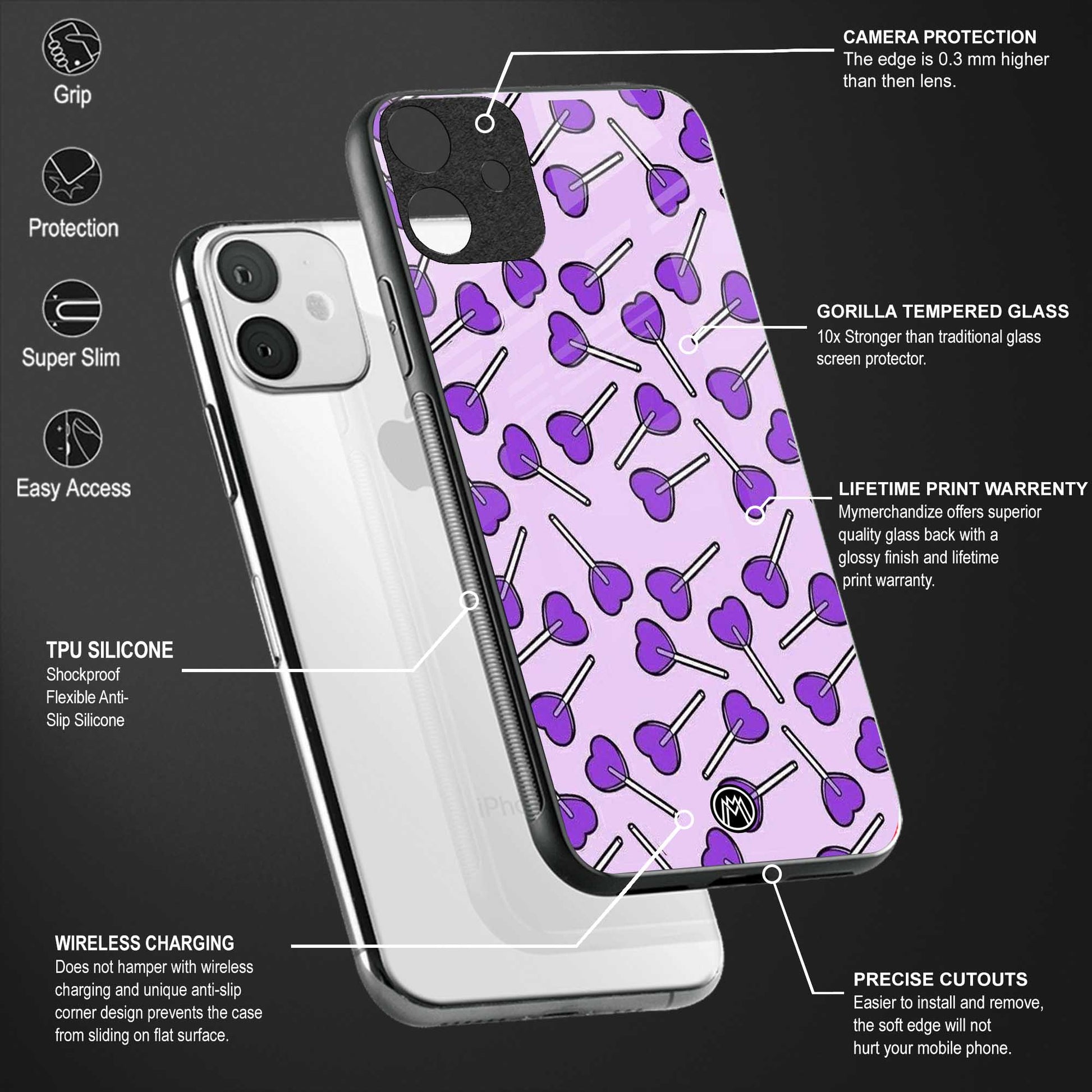 y2k hearts lollipop purple edition back phone cover | glass case for redmi note 11 pro plus 4g/5g