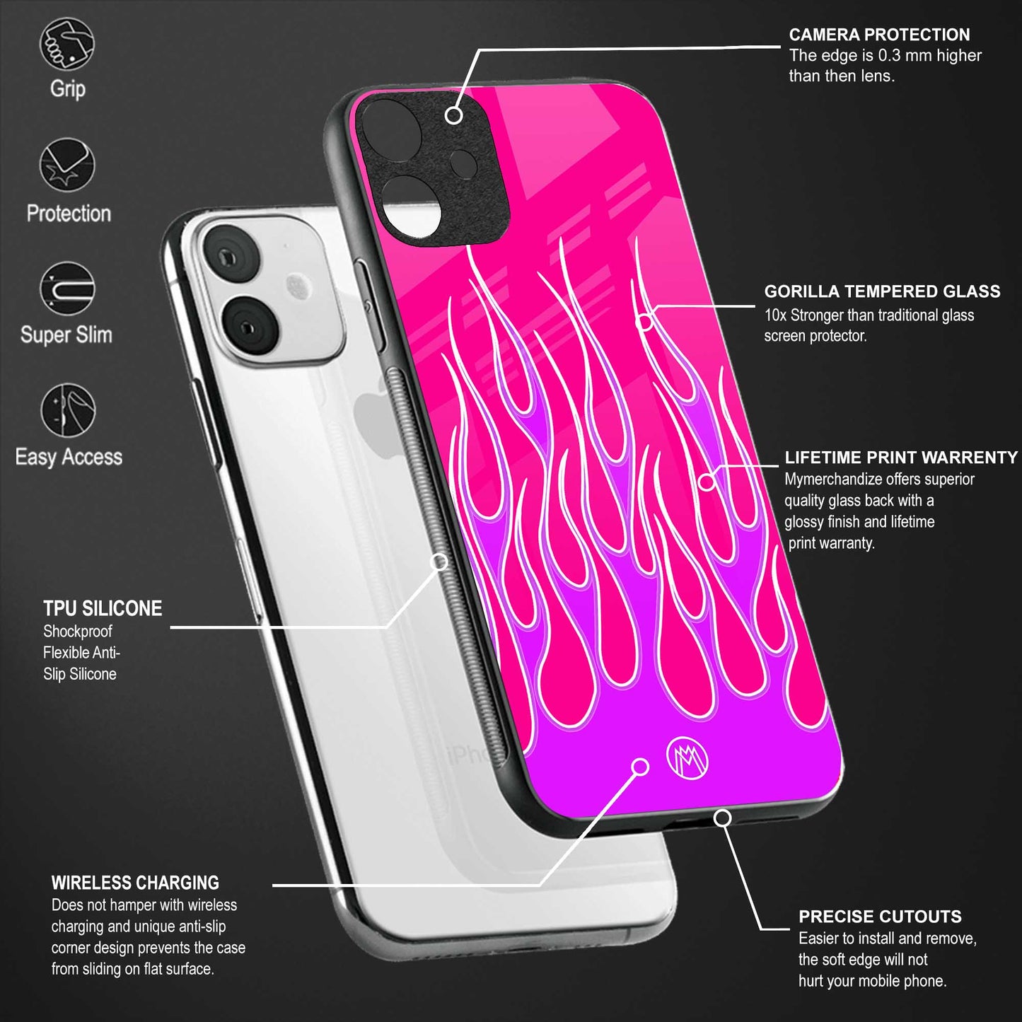 y2k hot pink flames back phone cover | glass case for vivo v25-5g
