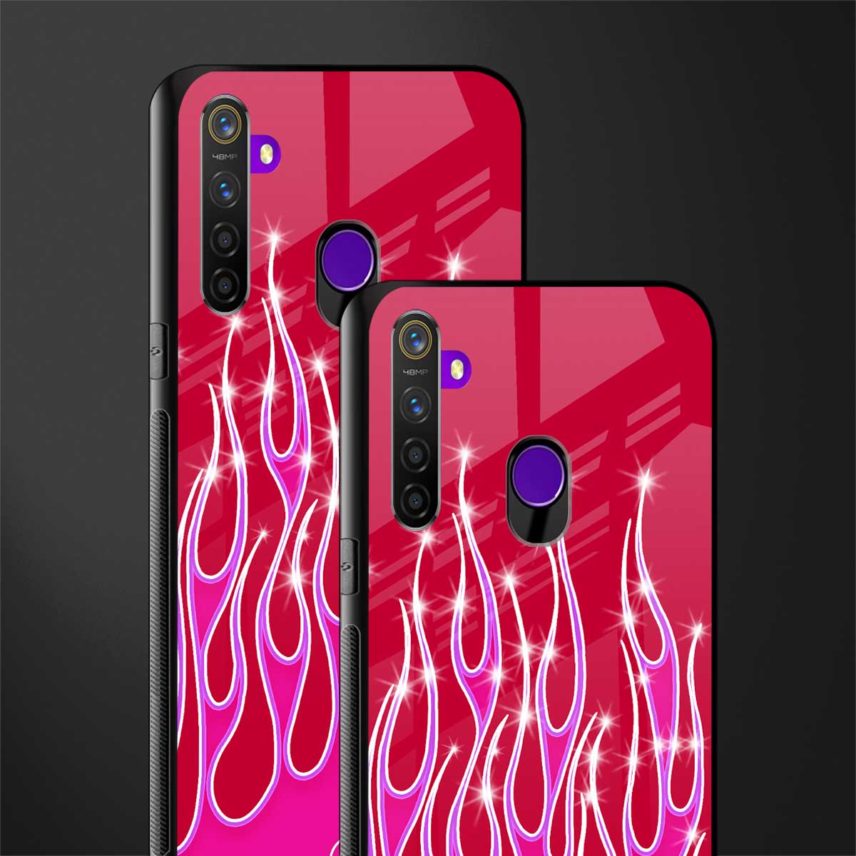 y2k magenta glittery flames glass case for realme 5 image-2
