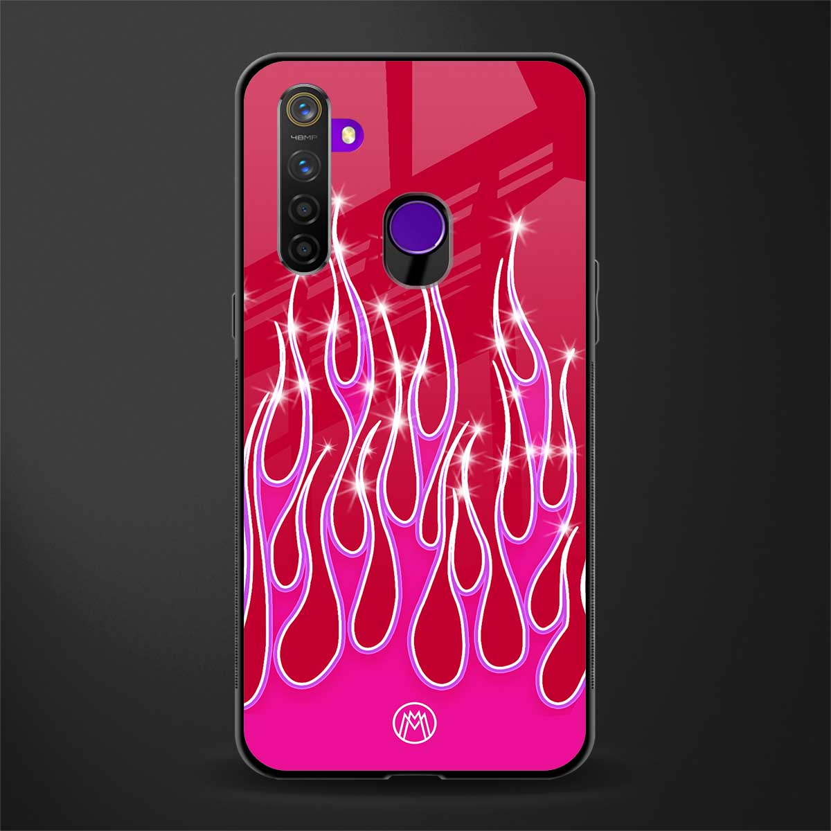 y2k magenta glittery flames glass case for realme 5 image
