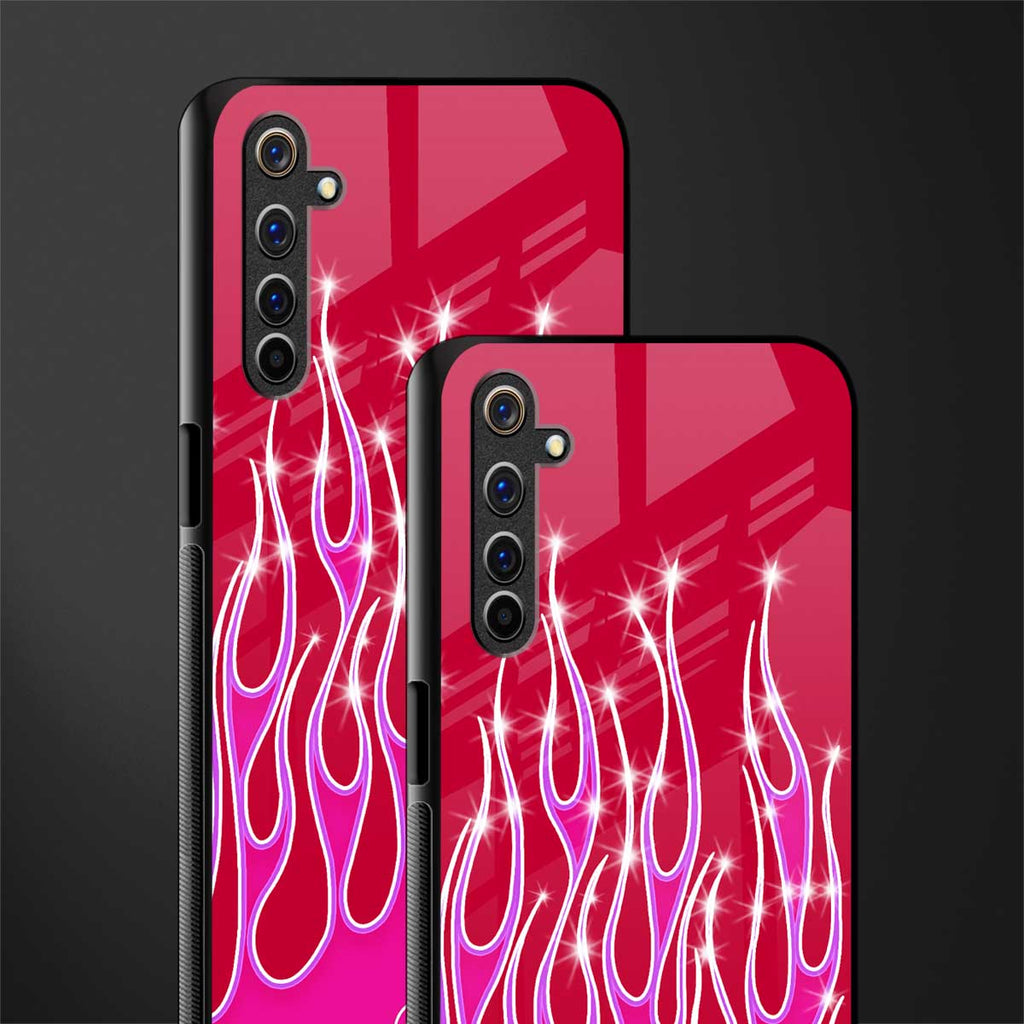 y2k magenta glittery flames glass case for realme 6i image-2