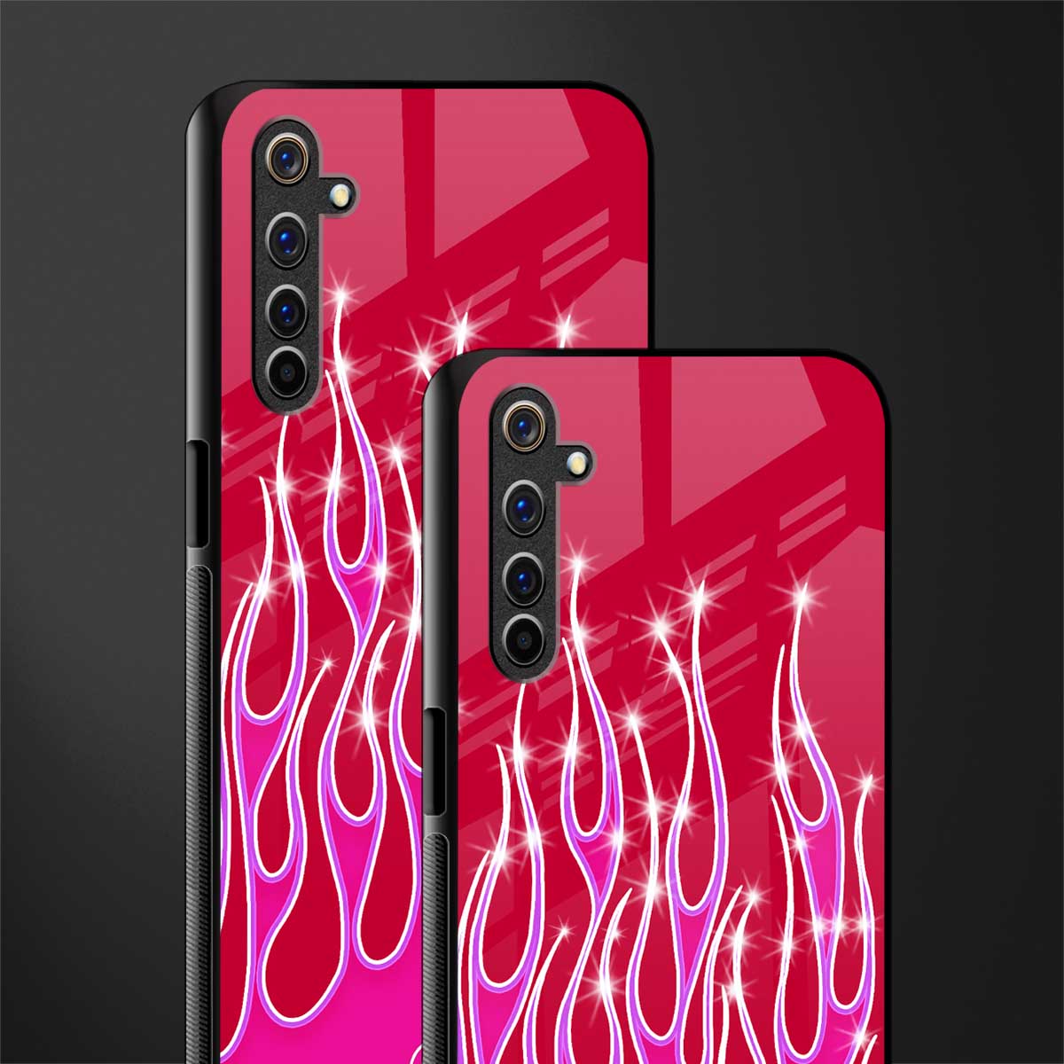 y2k magenta glittery flames glass case for realme 6 pro image-2