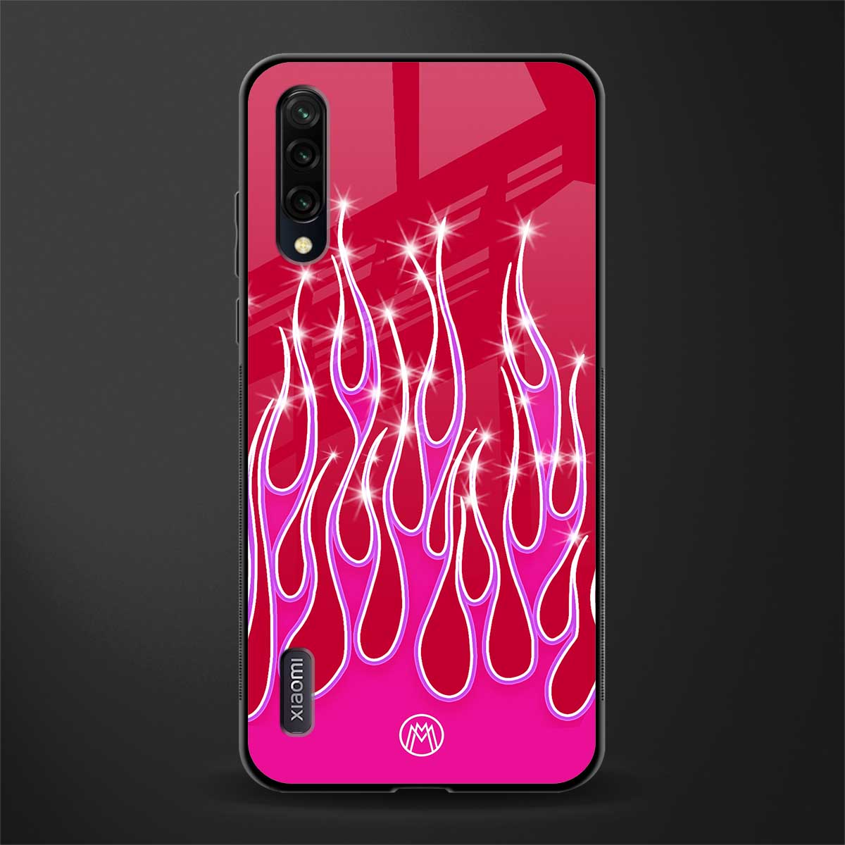 y2k magenta glittery flames glass case for mi a3 redmi a3 image
