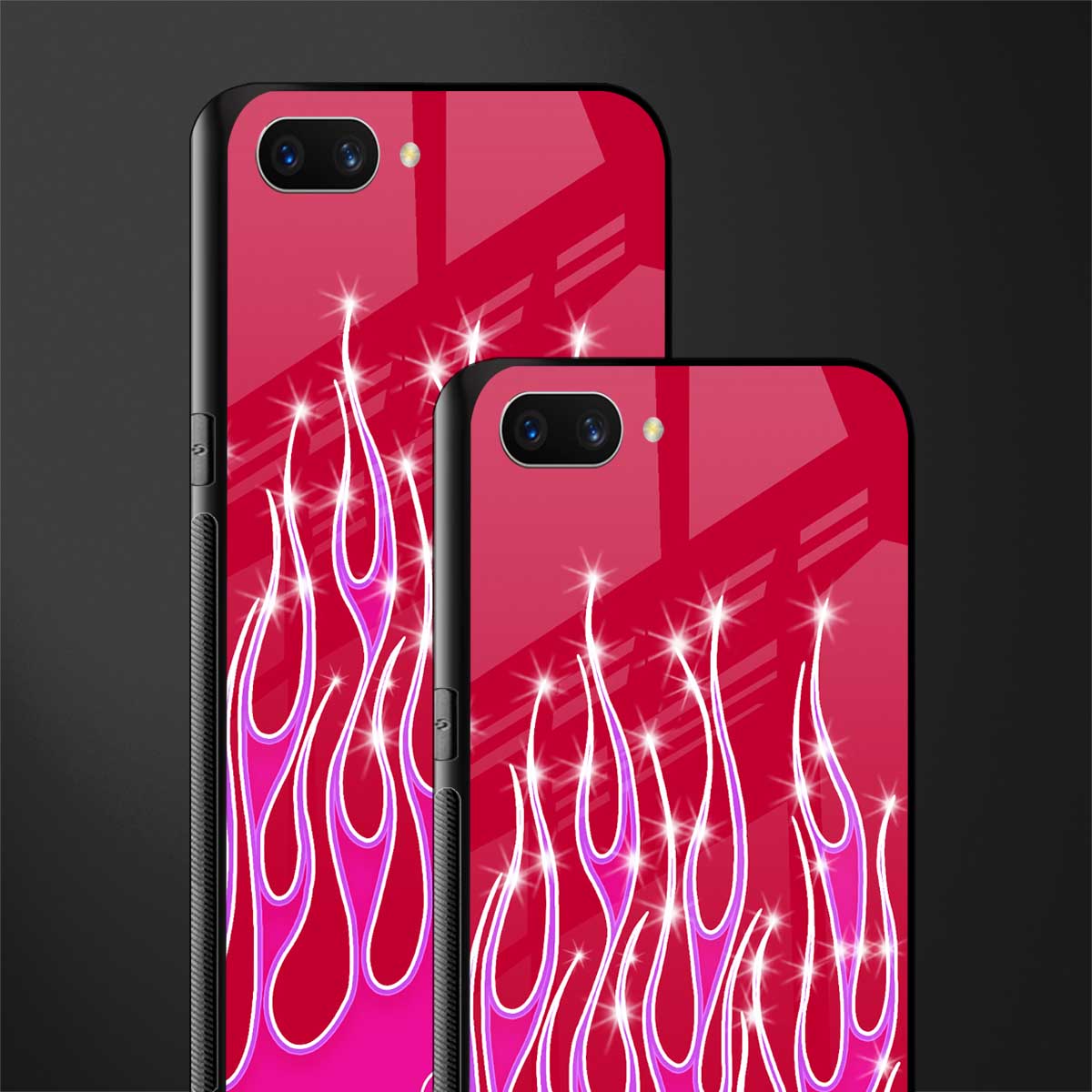 y2k magenta glittery flames glass case for oppo a3s image-2
