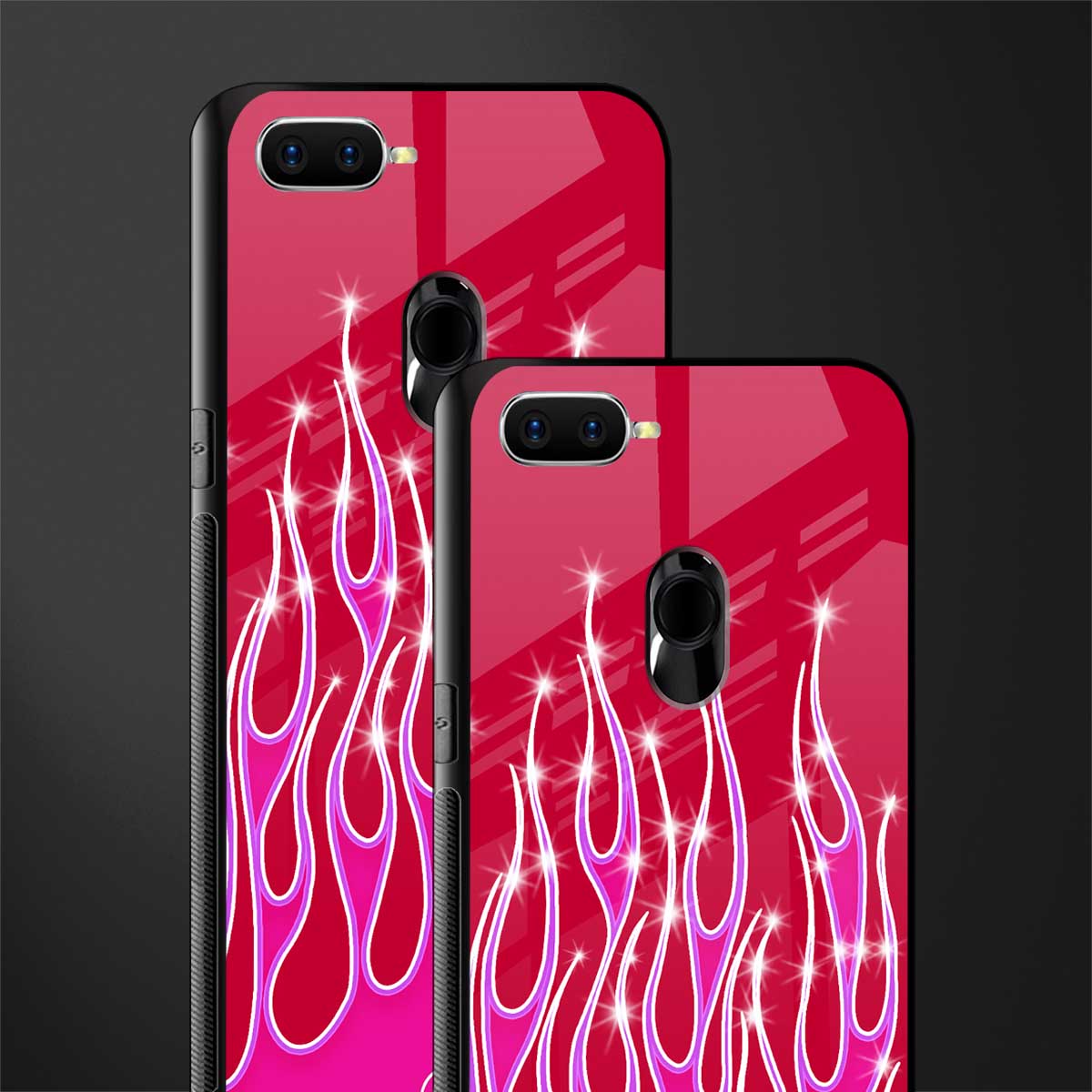 y2k magenta glittery flames glass case for oppo a12 image-2