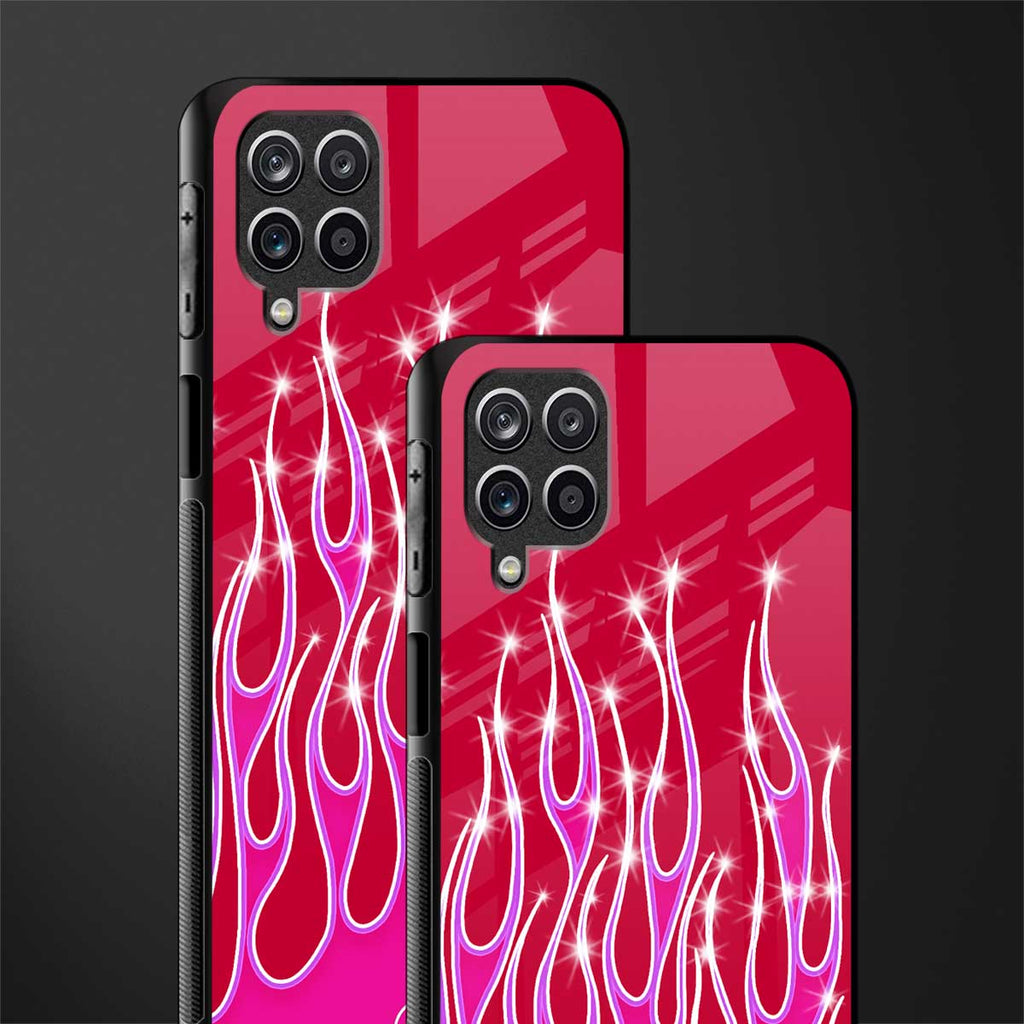 y2k magenta glittery flames back phone cover | glass case for samsung galaxy a22 4g