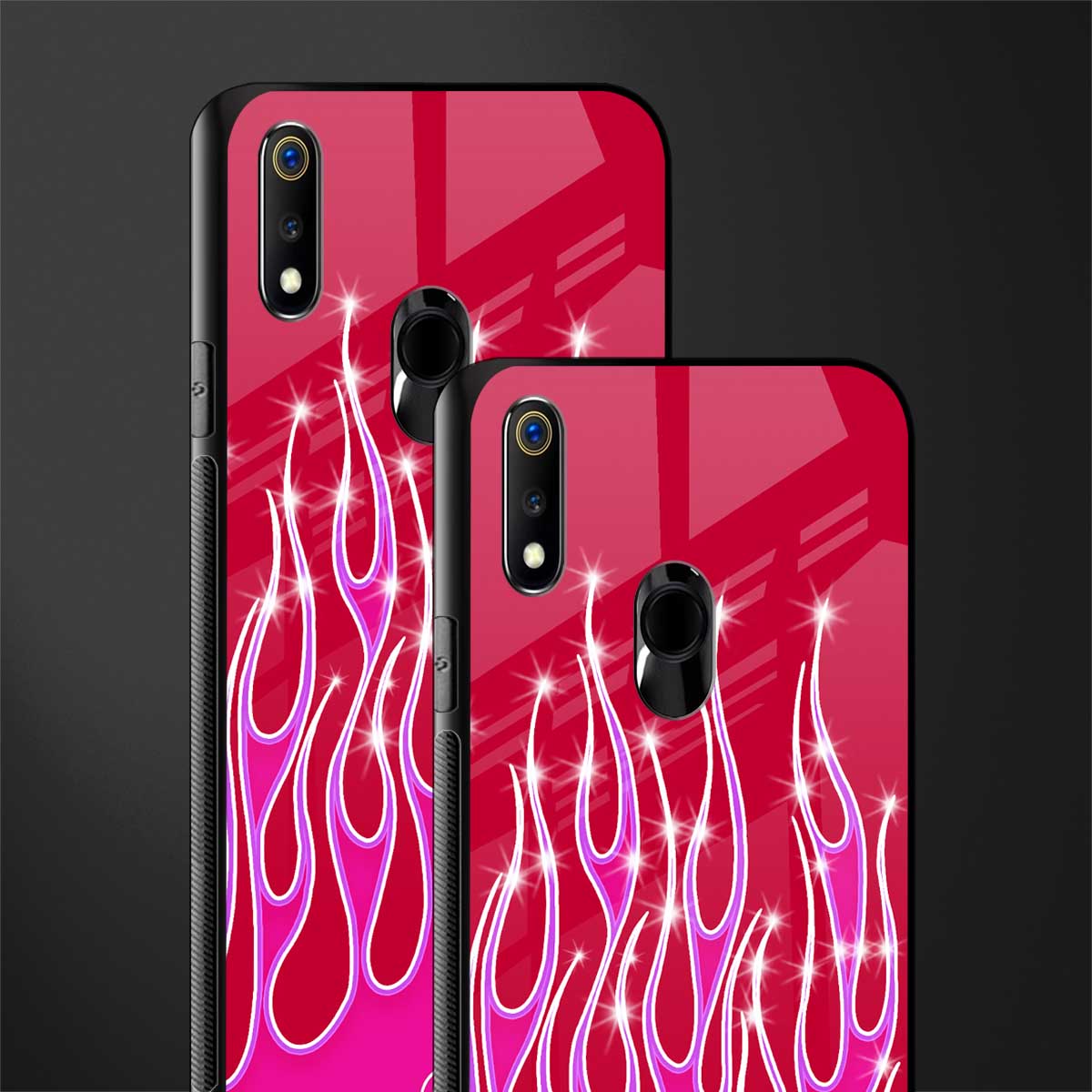 y2k magenta glittery flames glass case for realme 3 pro image-2