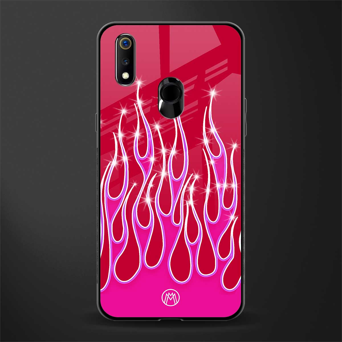 y2k magenta glittery flames glass case for realme 3 pro image