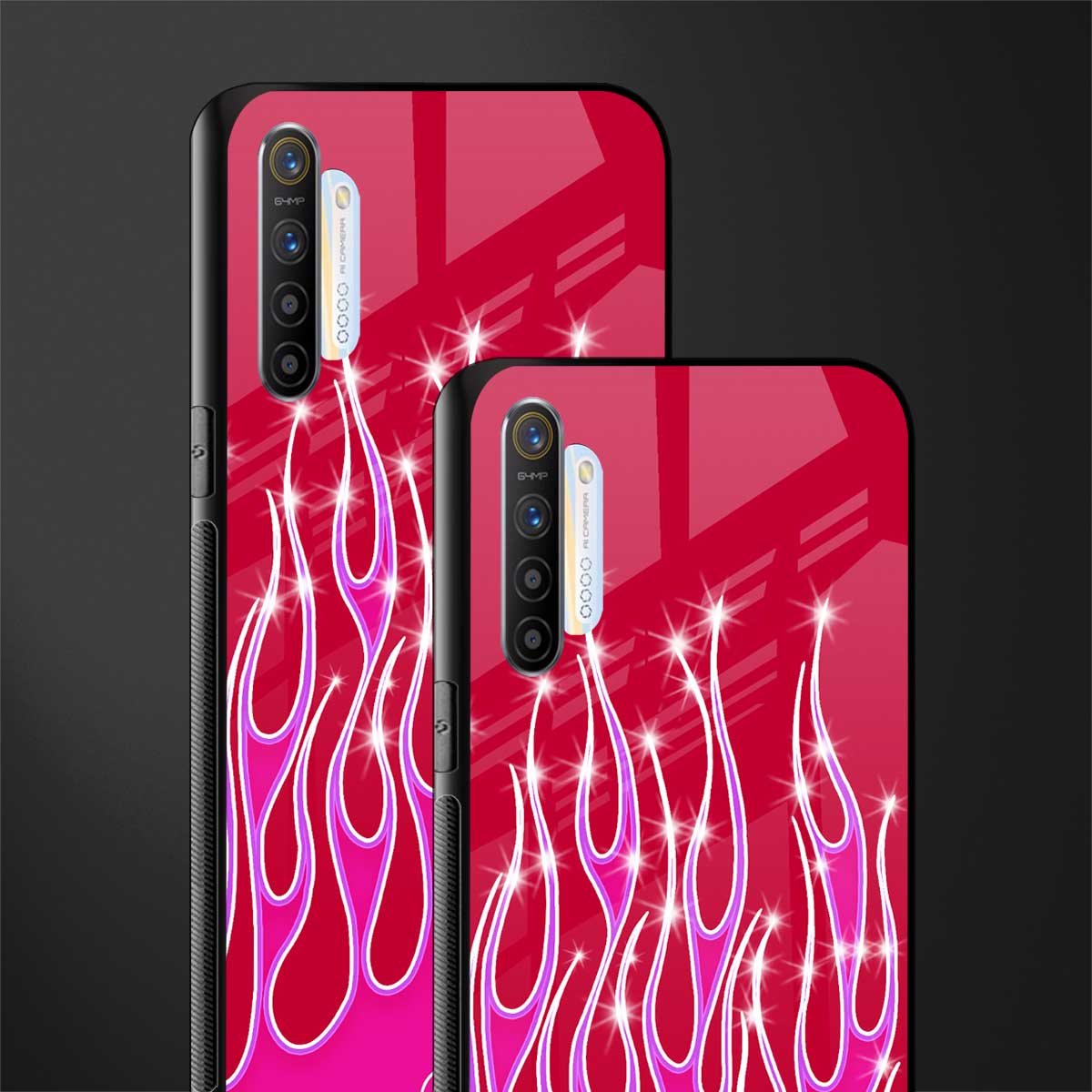 y2k magenta glittery flames glass case for realme xt image-2