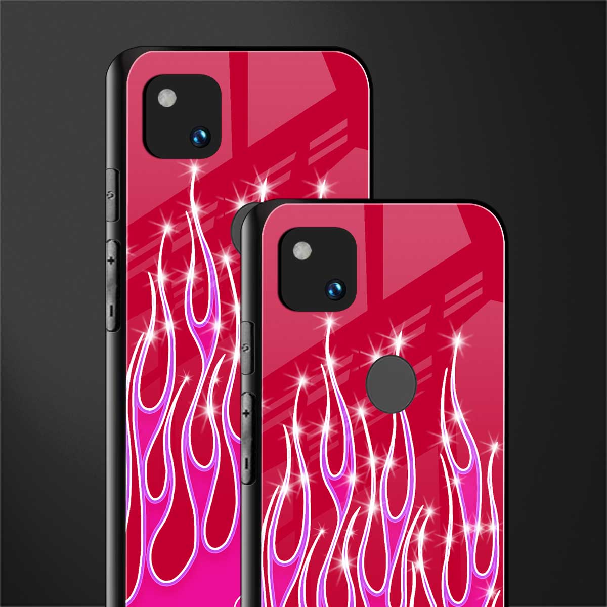 y2k magenta glittery flames back phone cover | glass case for google pixel 4a 4g