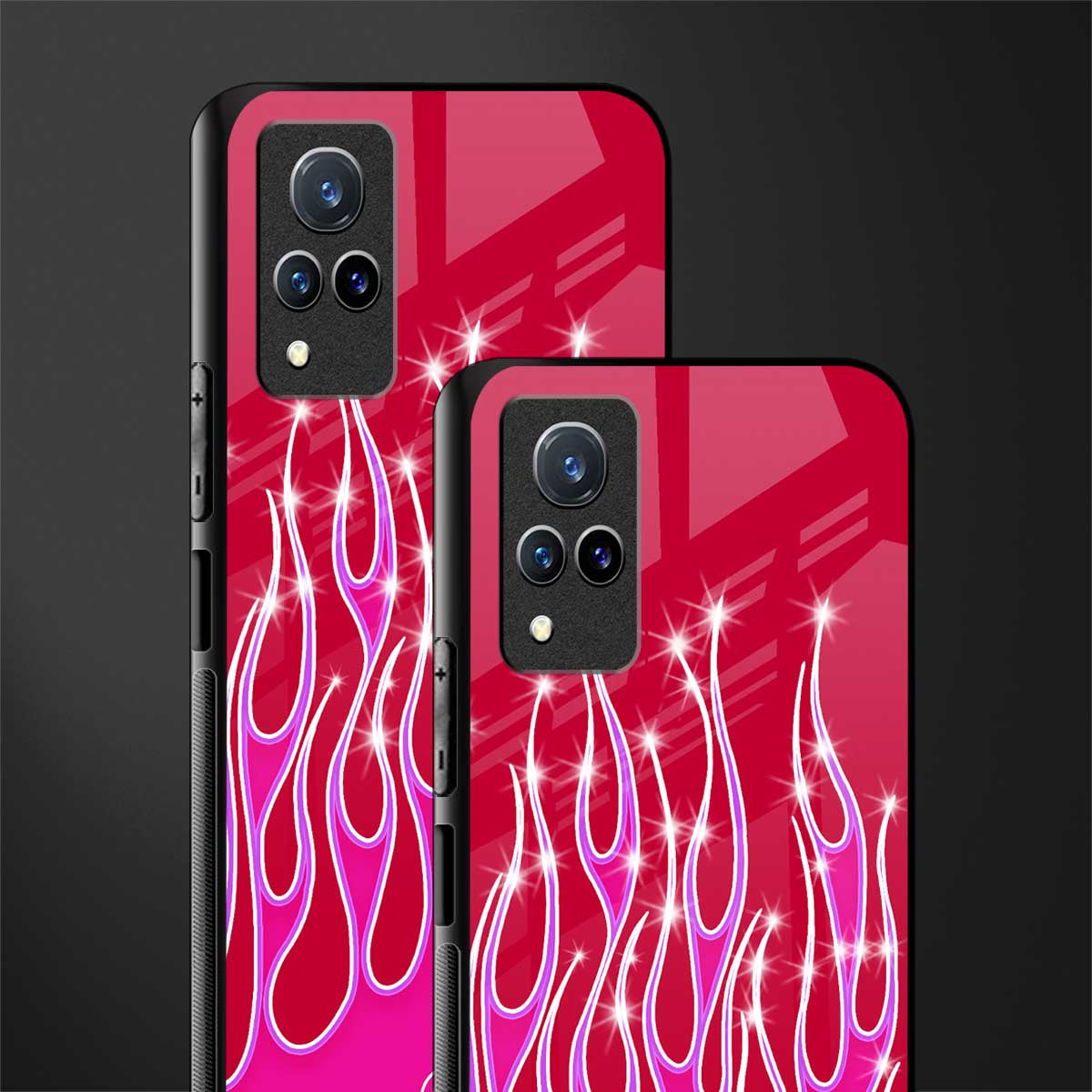 y2k magenta glittery flames glass case for vivo v21 5g image-2