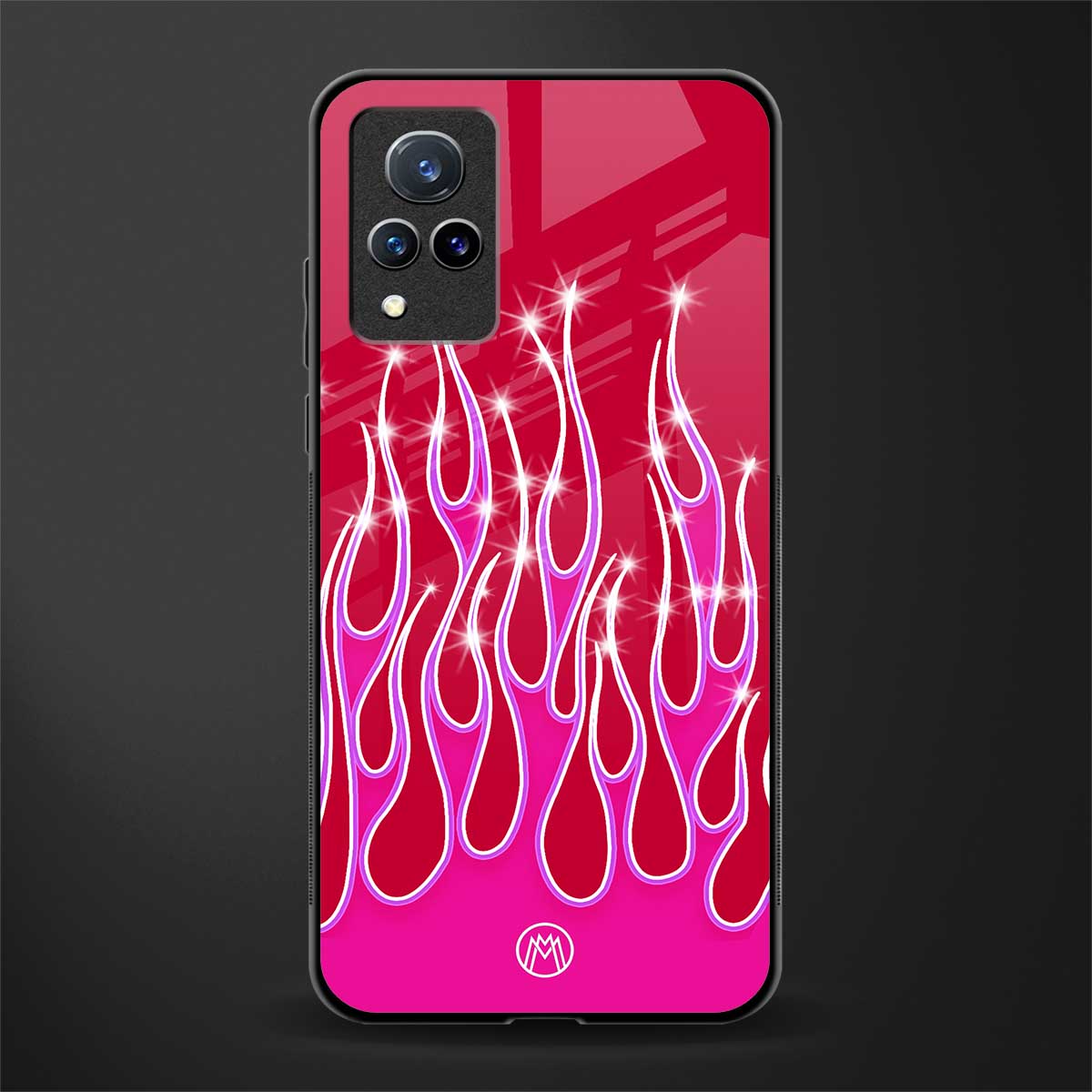 y2k magenta glittery flames glass case for vivo v21 5g image