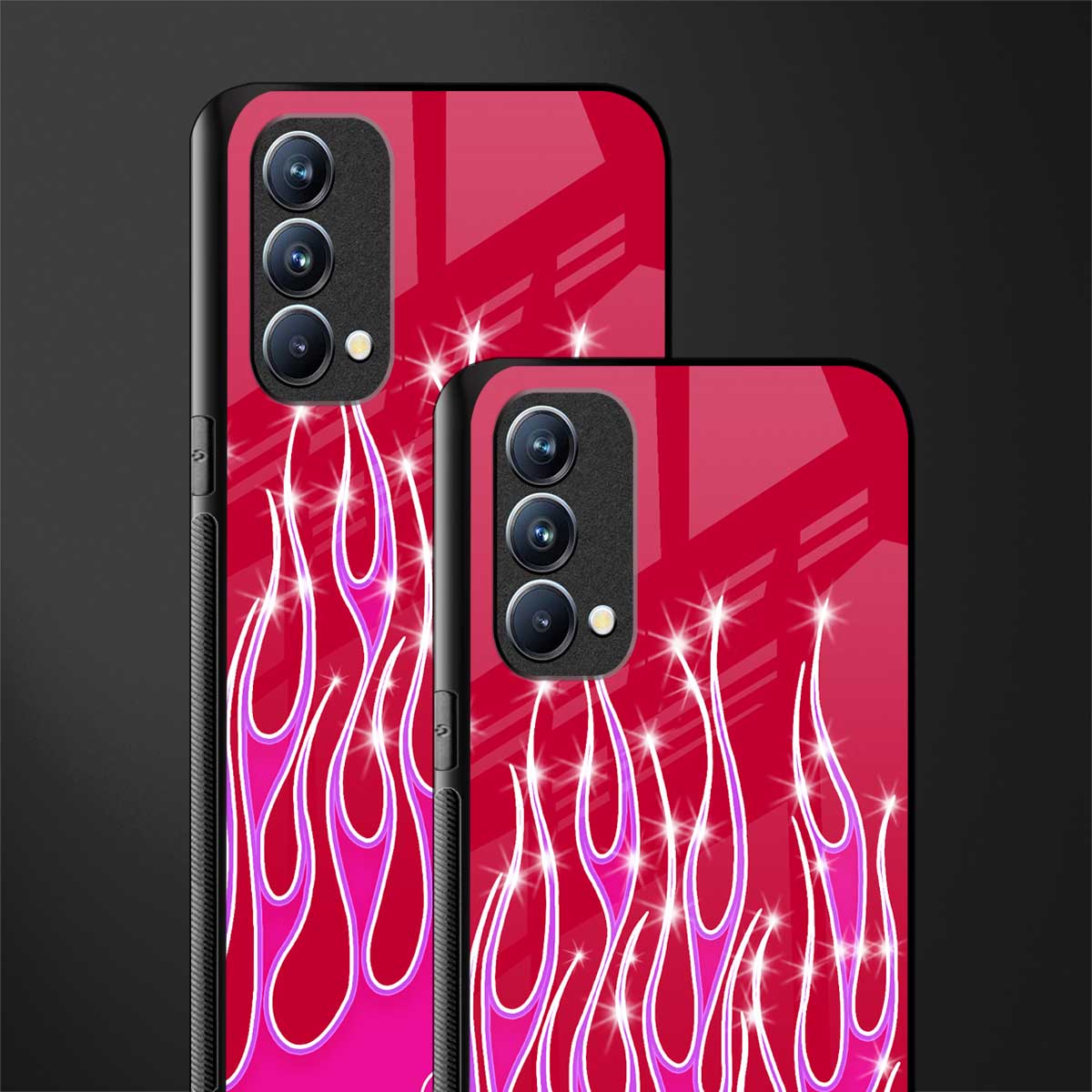 y2k magenta glittery flames glass case for oppo f19s image-2
