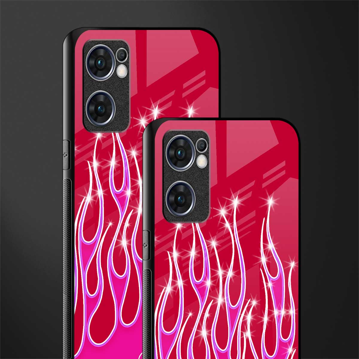 y2k magenta glittery flames glass case for oppo reno7 5g image-2