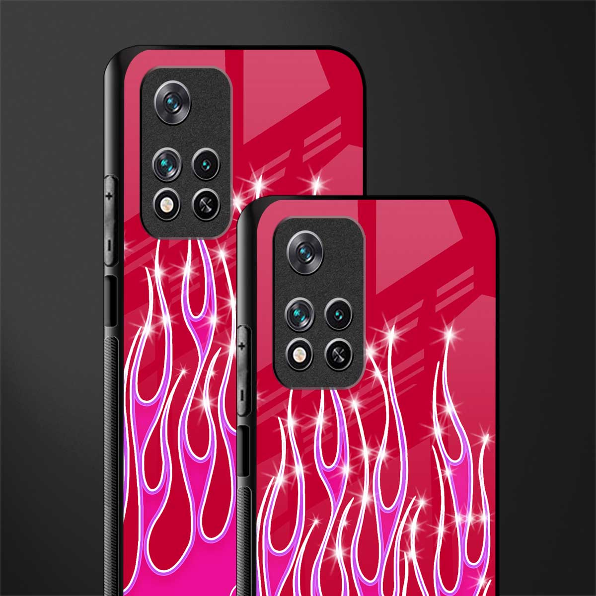 y2k magenta glittery flames glass case for poco m4 pro 5g image-2