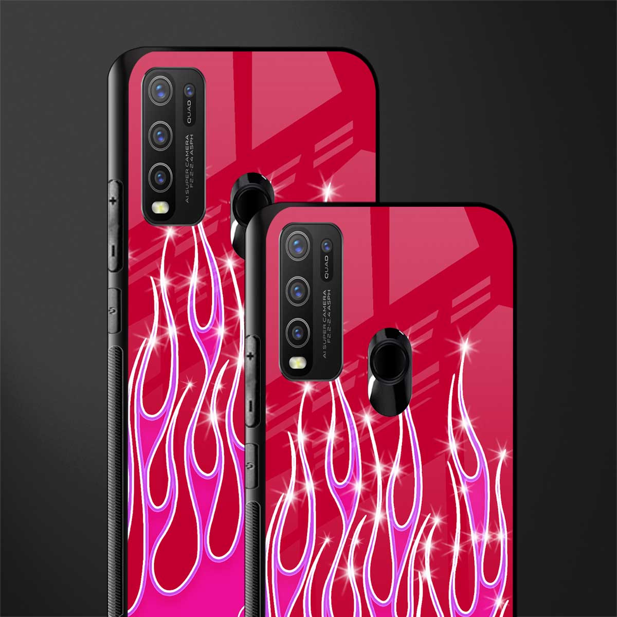 y2k magenta glittery flames glass case for vivo y30 image-2