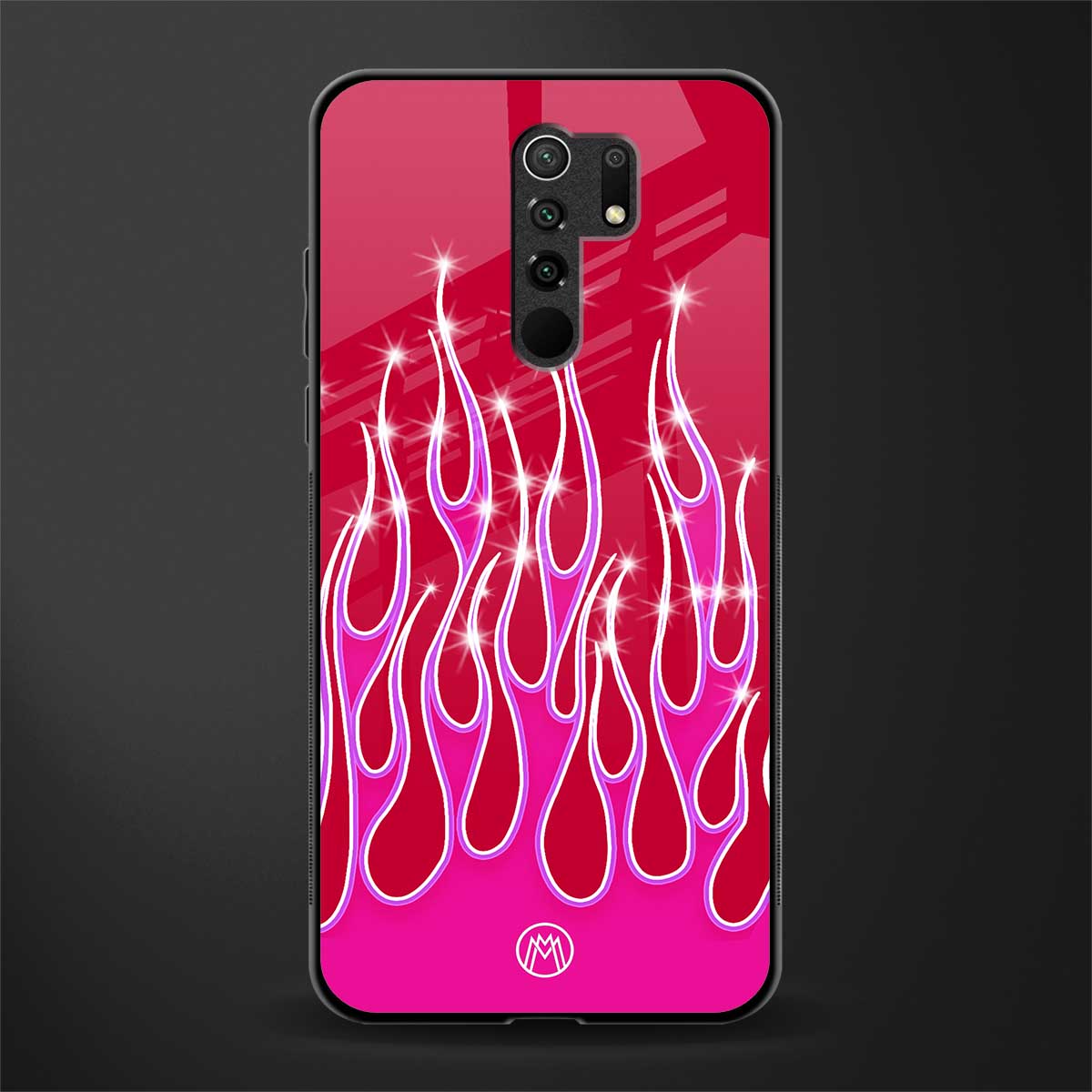 y2k magenta glittery flames glass case for redmi 9 prime image